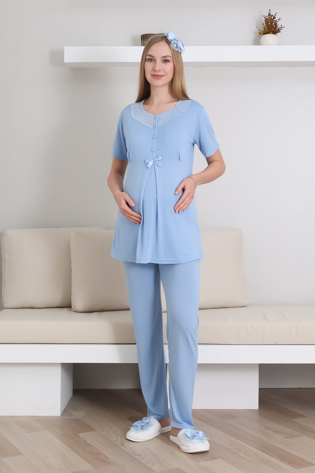 Hamile Pijama Takım / Kısa Kol Pijama Uzun Dantel Detay Sabahlık Takım / Lohusa Pamuklu Pijama - 3435