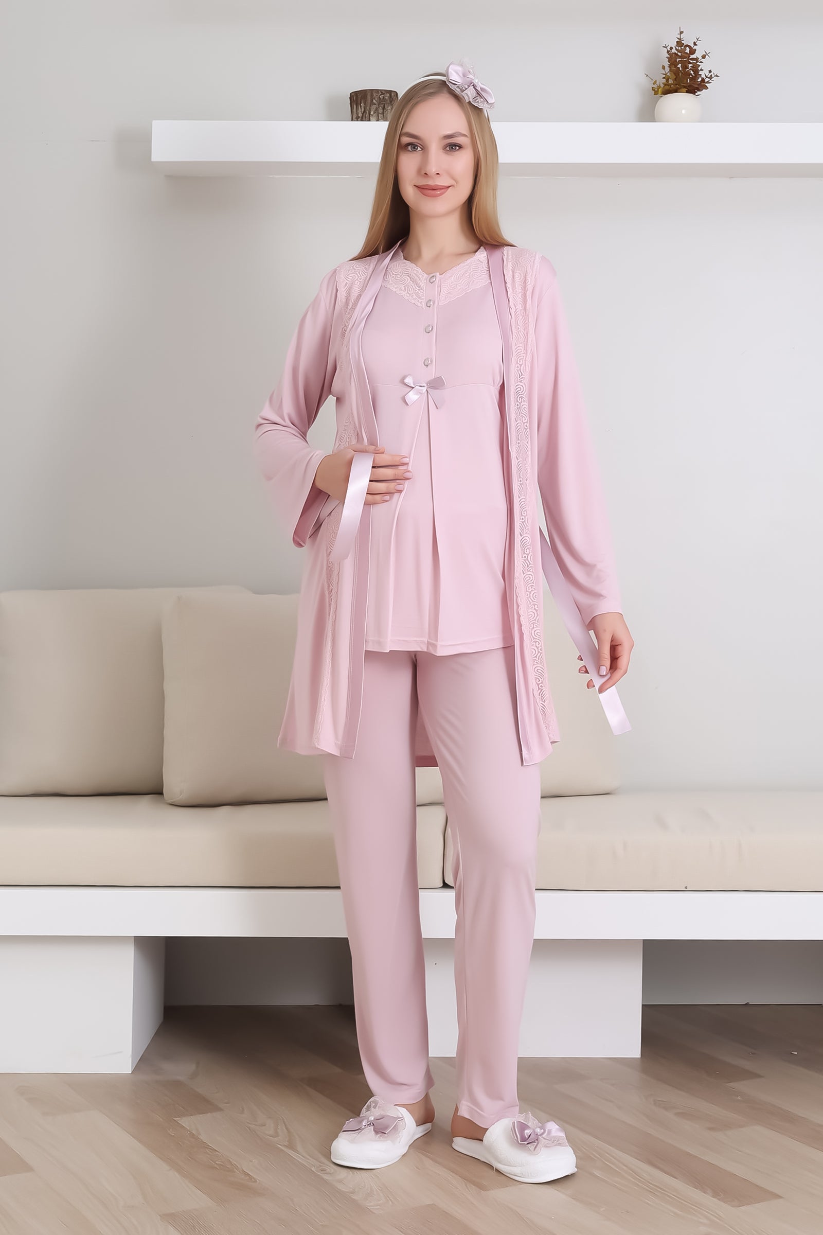 Hamile Pijama Takım / Kısa Kol Pijama Uzun Dantel Detay Sabahlık Takım / Lohusa Pamuklu Pijama - 3435