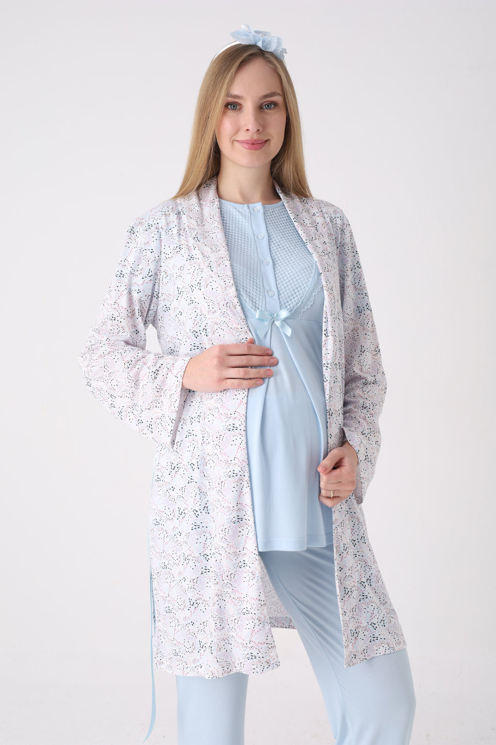 Desenli Sabahlık ve Düğmeli Yaka Detaylı Hamile Pijama ve Sabahlıklı Penye Pamuk Pijama Takımı - 3473