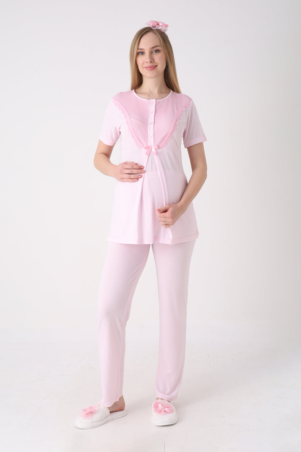 Desenli Sabahlık ve Düğmeli Yaka Detaylı Hamile Pijama ve Sabahlıklı Penye Pamuk Pijama Takımı - 3473