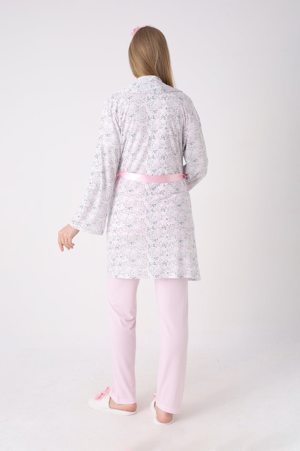 Desenli Sabahlık ve Düğmeli Yaka Detaylı Hamile Pijama ve Sabahlıklı Penye Pamuk Pijama Takımı - 3473