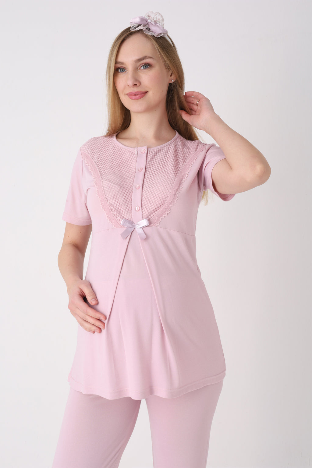 Desenli Sabahlık ve Düğmeli Yaka Detaylı Hamile Pijama ve Sabahlıklı Penye Pamuk Pijama Takımı - 3473