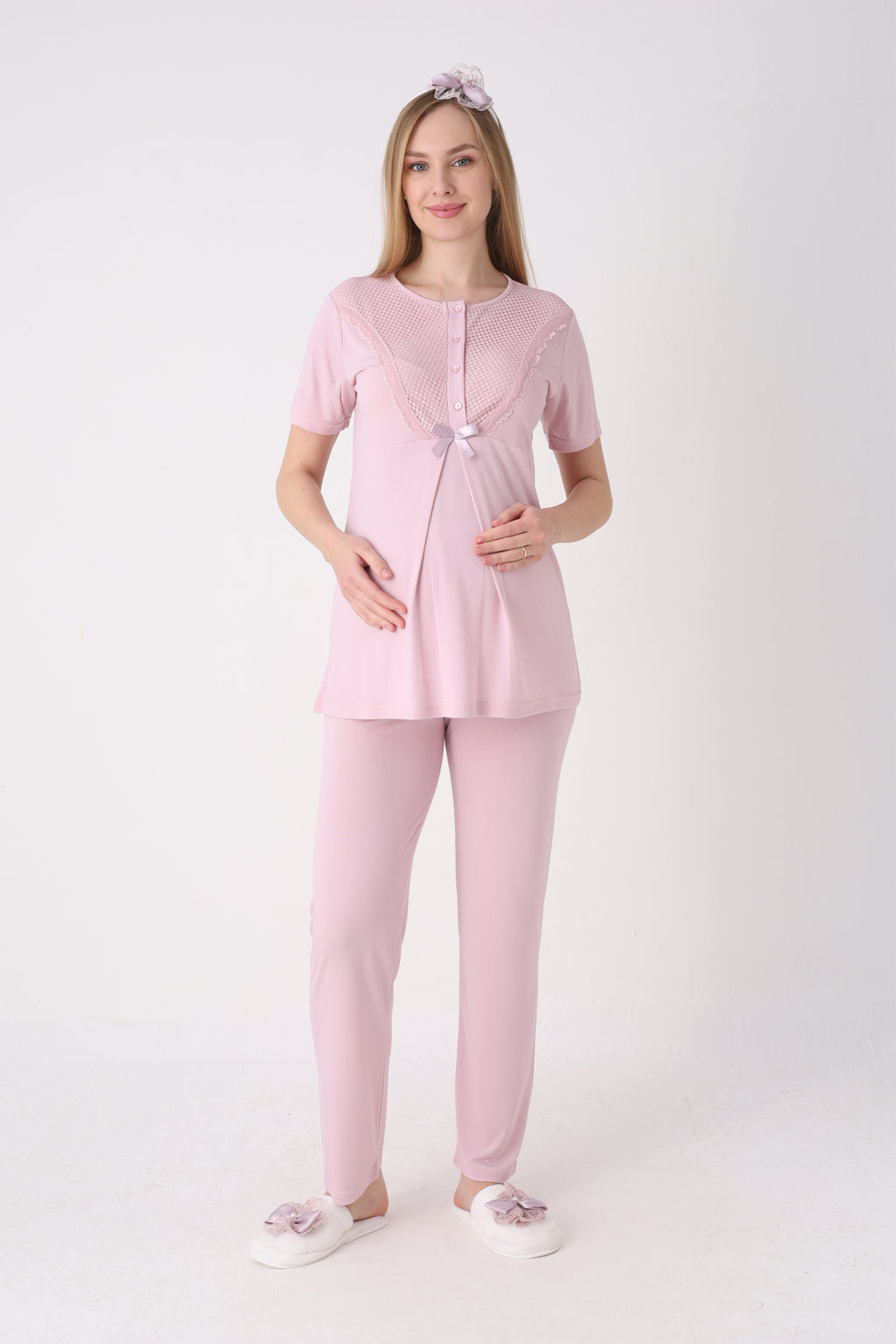 Desenli Sabahlık ve Düğmeli Yaka Detaylı Hamile Pijama ve Sabahlıklı Penye Pamuk Pijama Takımı - 3473