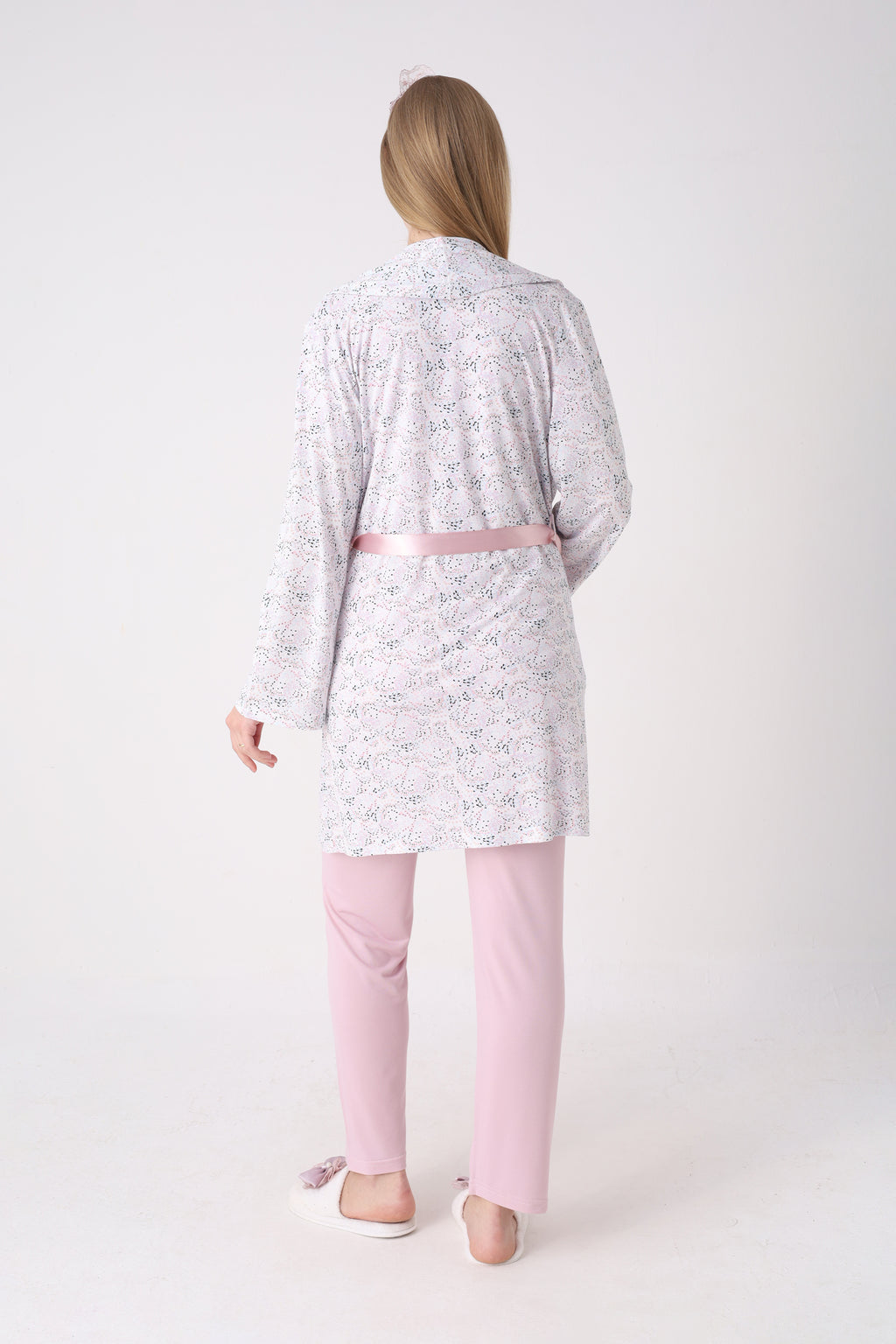 Desenli Sabahlık ve Düğmeli Yaka Detaylı Hamile Pijama ve Sabahlıklı Penye Pamuk Pijama Takımı - 3473