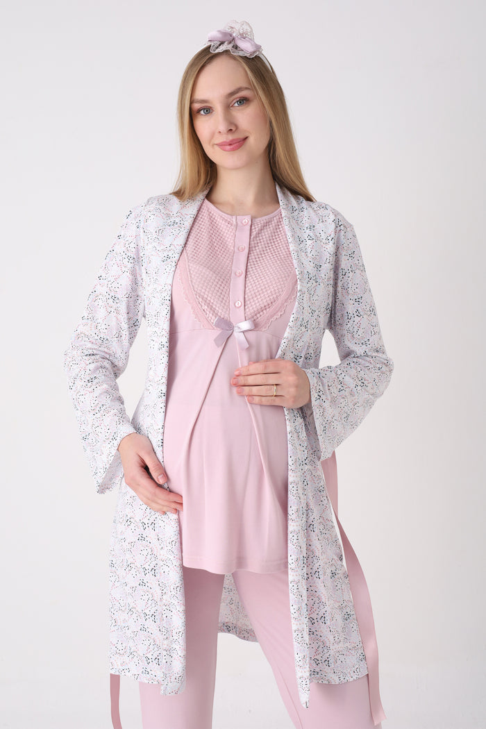 Desenli Sabahlık ve Düğmeli Yaka Detaylı Hamile Pijama ve Sabahlıklı Penye Pamuk Pijama Takımı - 3473