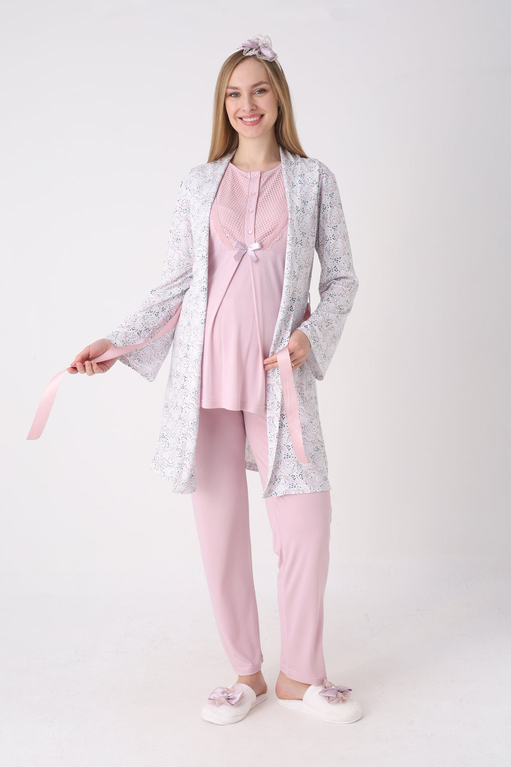 Desenli Sabahlık ve Düğmeli Yaka Detaylı Hamile Pijama ve Sabahlıklı Penye Pamuk Pijama Takımı - 3473