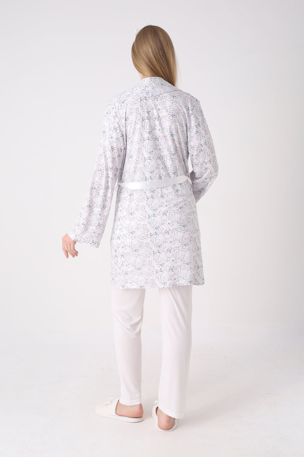 Desenli Sabahlık ve Düğmeli Yaka Detaylı Hamile Pijama ve Sabahlıklı Penye Pamuk Pijama Takımı - 3473