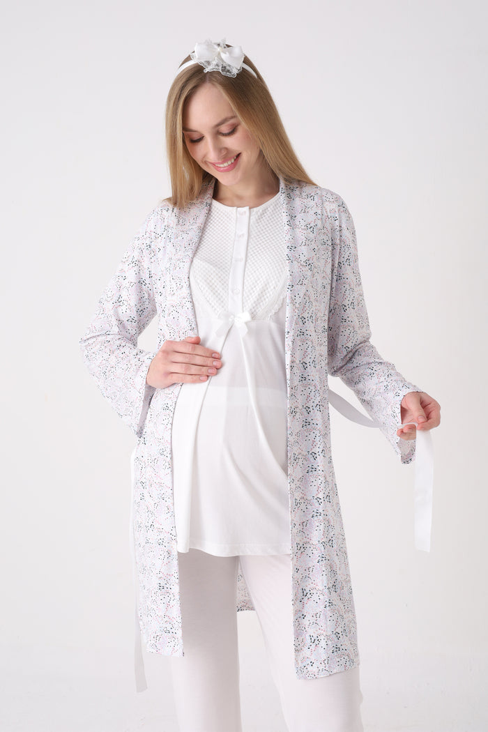 Desenli Sabahlık ve Düğmeli Yaka Detaylı Hamile Pijama ve Sabahlıklı Penye Pamuk Pijama Takımı - 3473