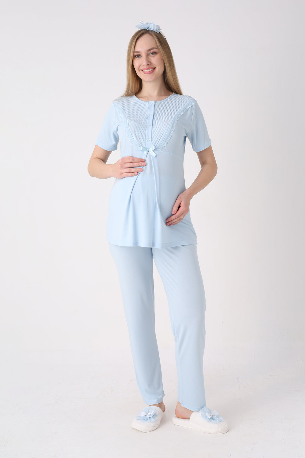 Desenli Sabahlık ve Düğmeli Yaka Detaylı Hamile Pijama ve Sabahlıklı Penye Pamuk Pijama Takımı - 3473