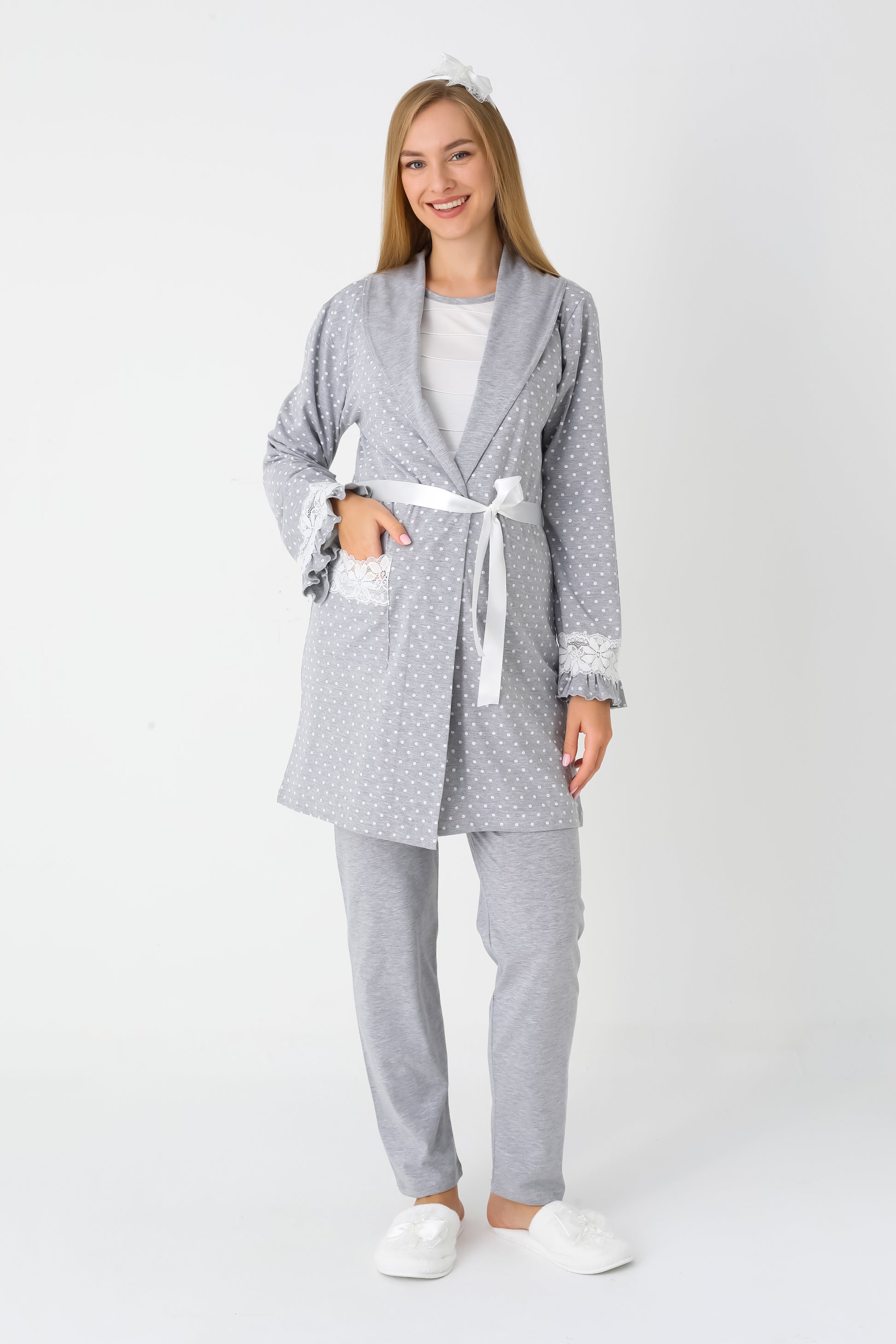Hamile Lohusa Puanlı Pijama & Sabahlık 3'lü Set – Pamuklu, Çift Taraflı Düğmeli, Ayarlanabilir Bel - 3451
