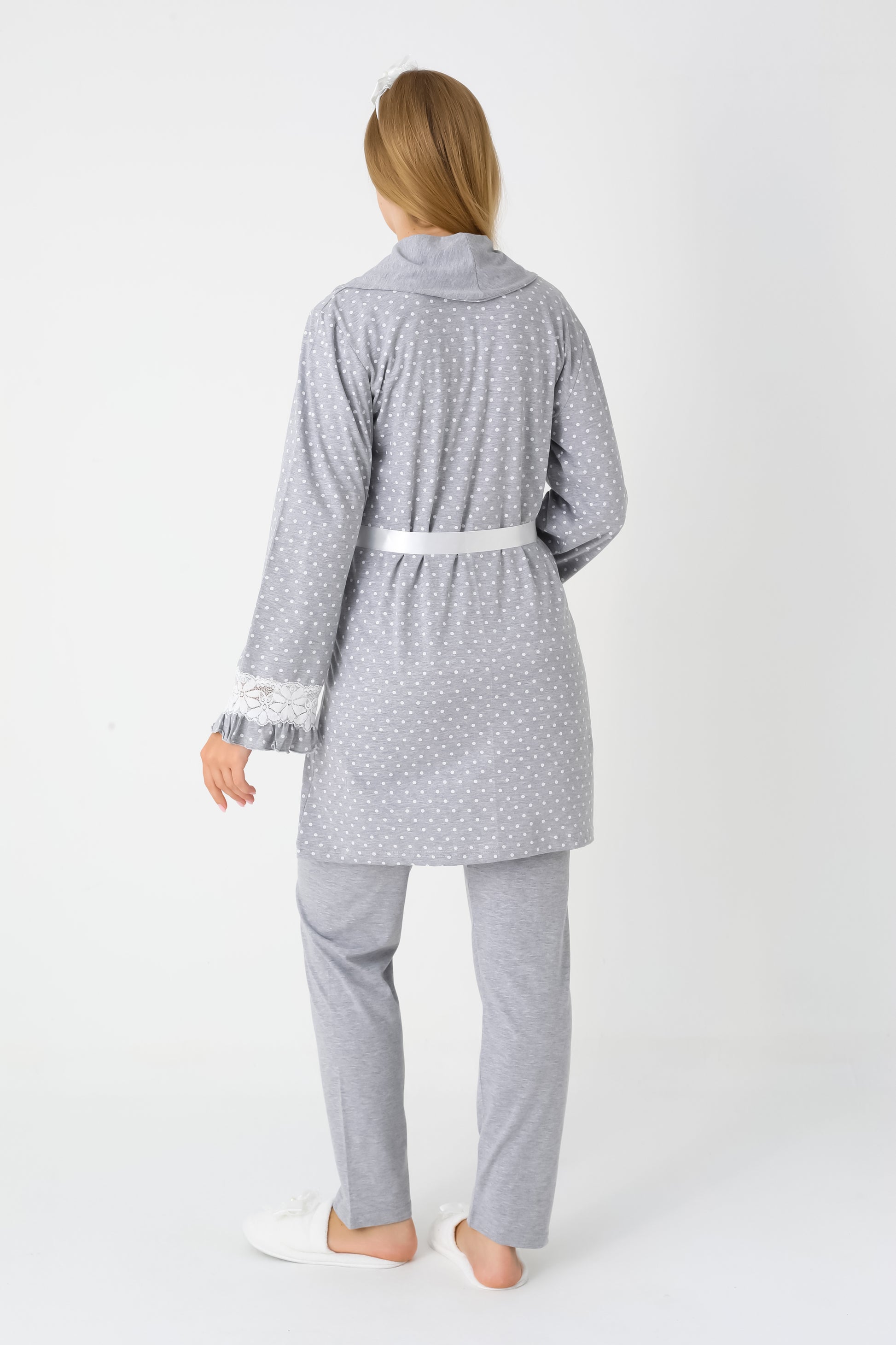 Hamile Lohusa Puanlı Pijama & Sabahlık 3'lü Set – Pamuklu, Çift Taraflı Düğmeli, Ayarlanabilir Bel - 3451