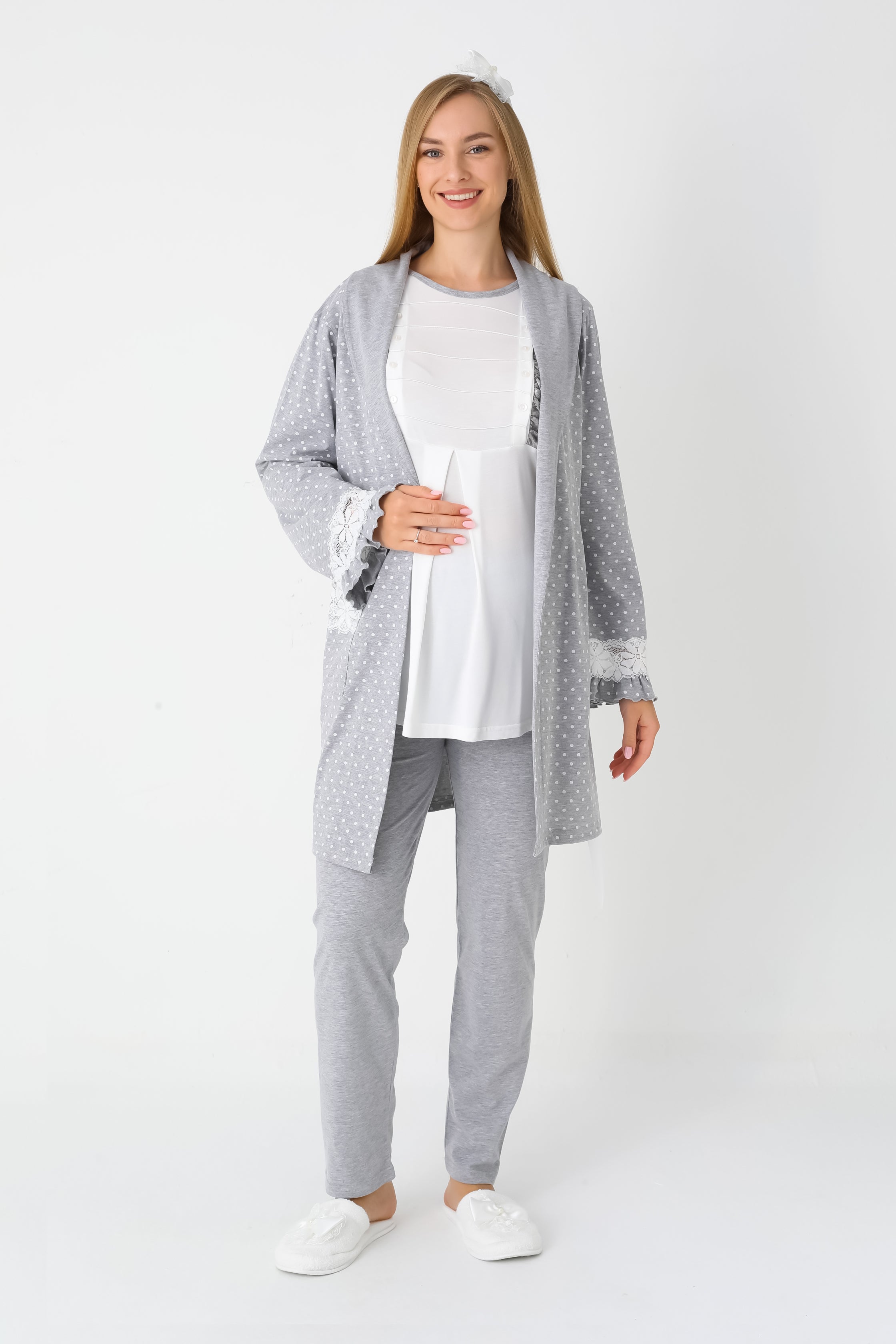 Hamile Lohusa Puanlı Pijama & Sabahlık 3'lü Set – Pamuklu, Çift Taraflı Düğmeli, Ayarlanabilir Bel - 3451