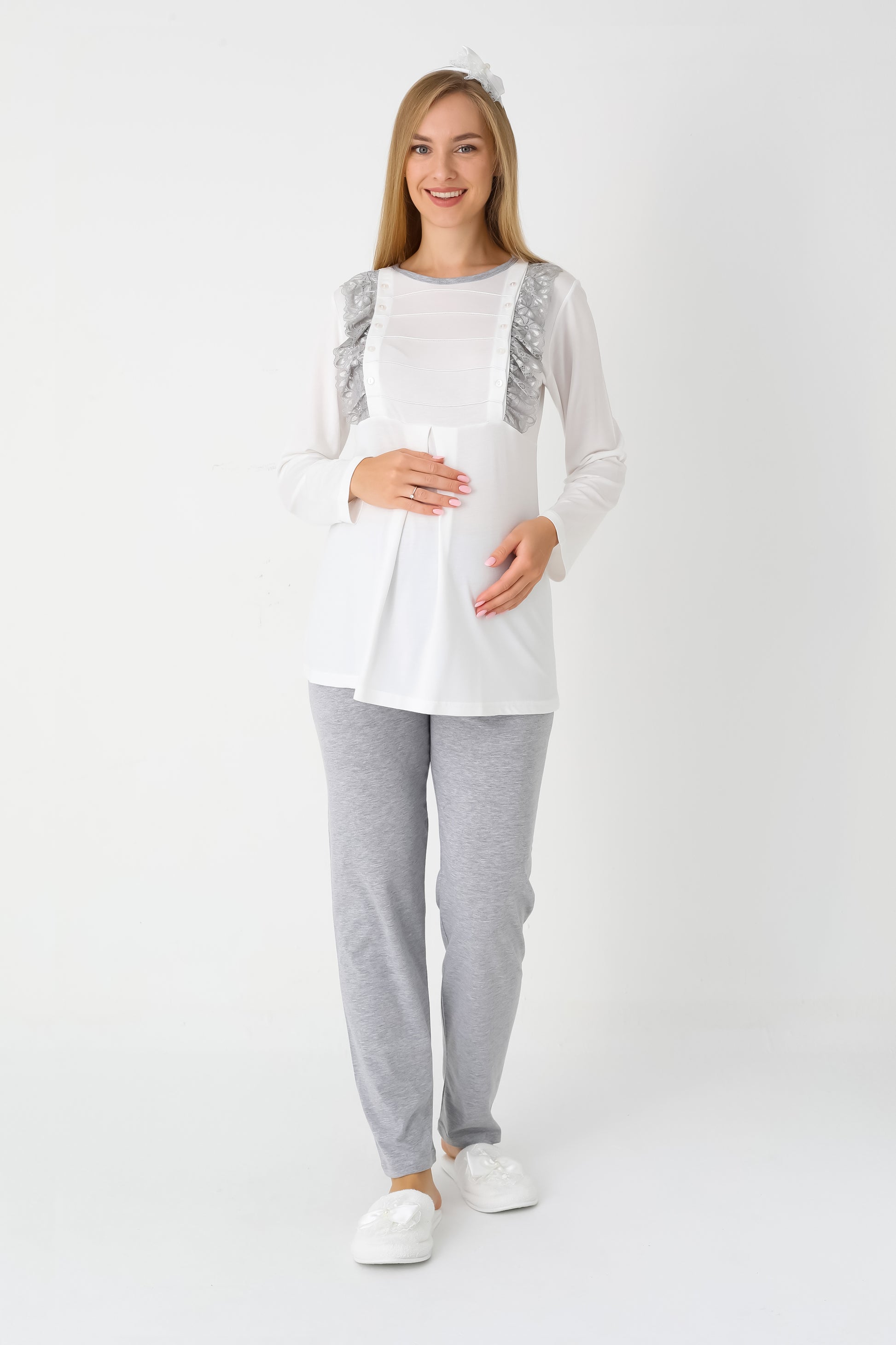 Hamile Lohusa Puanlı Pijama & Sabahlık 3'lü Set – Pamuklu, Çift Taraflı Düğmeli, Ayarlanabilir Bel - 3451