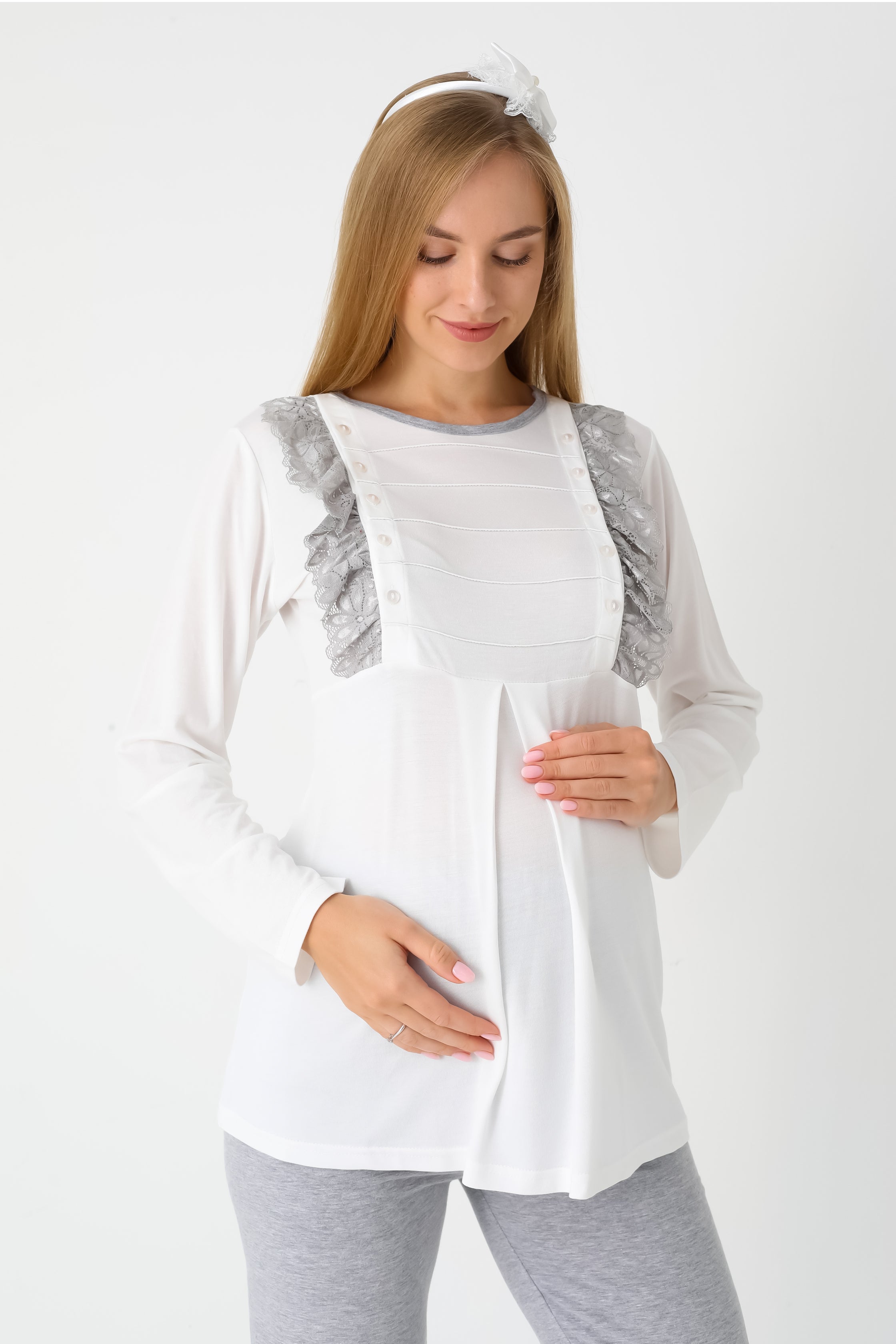 Hamile Lohusa Puanlı Pijama & Sabahlık 3'lü Set – Pamuklu, Çift Taraflı Düğmeli, Ayarlanabilir Bel - 3451