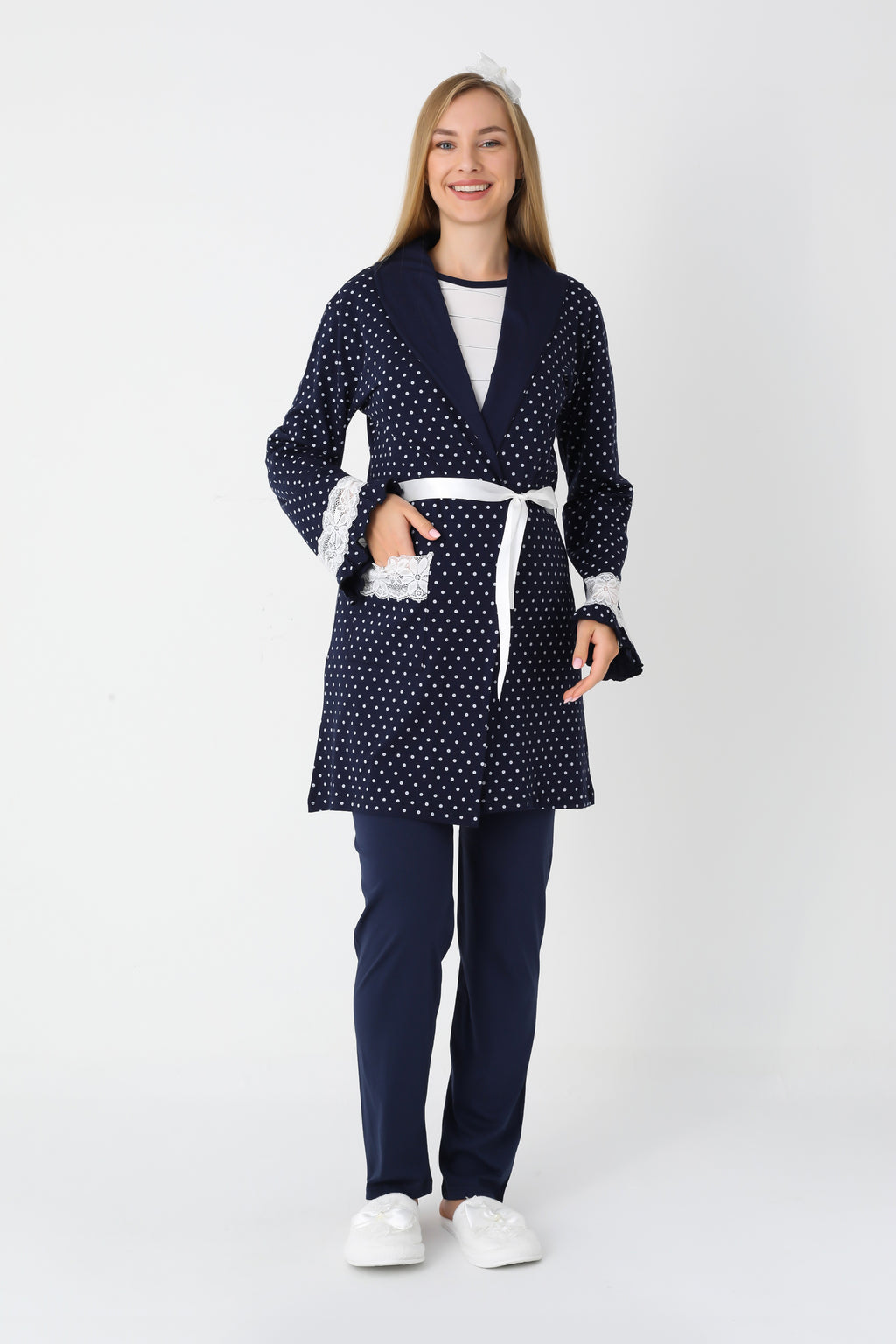 Hamile Lohusa Puanlı Pijama & Sabahlık 3'lü Set – Pamuklu, Çift Taraflı Düğmeli, Ayarlanabilir Bel - 3451
