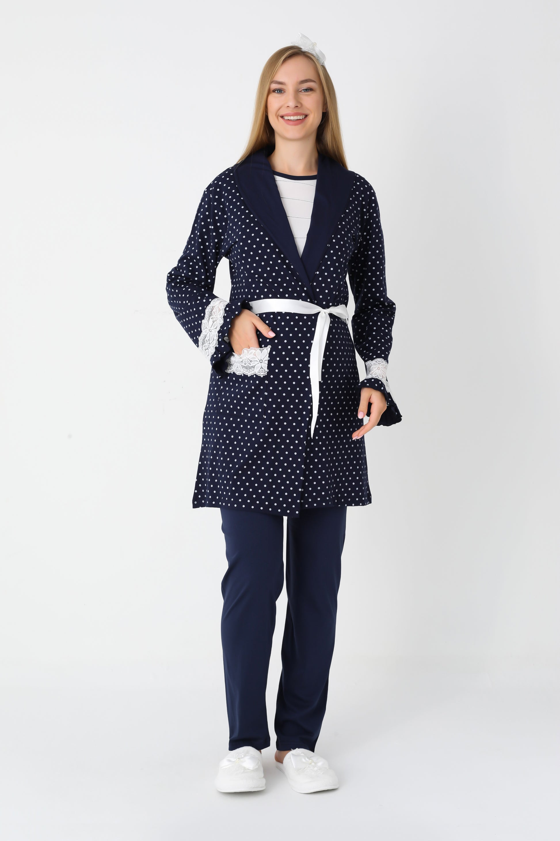 Hamile Lohusa Puanlı Pijama & Sabahlık 3'lü Set – Pamuklu, Çift Taraflı Düğmeli, Ayarlanabilir Bel - 3451