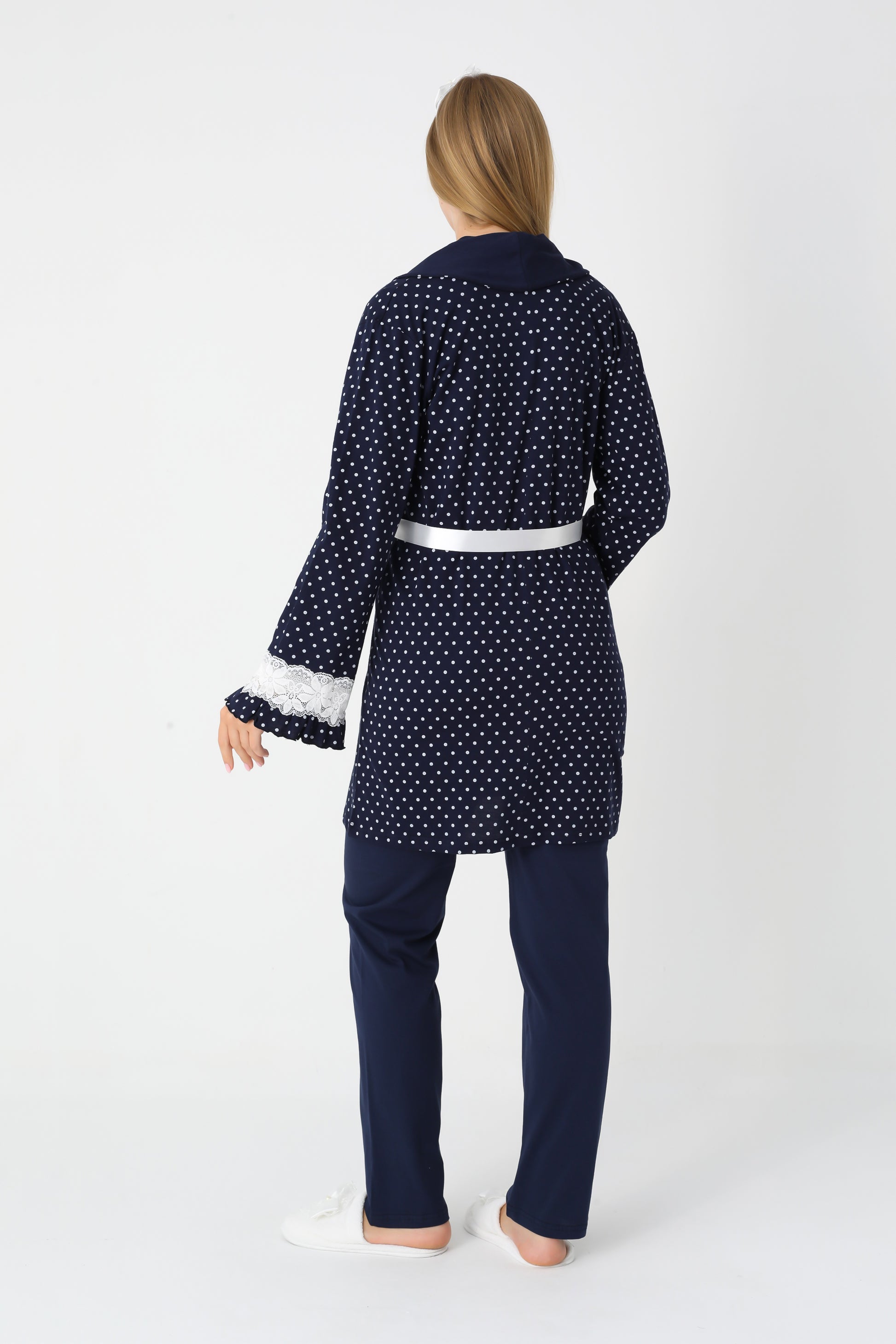 Hamile Lohusa Puanlı Pijama & Sabahlık 3'lü Set – Pamuklu, Çift Taraflı Düğmeli, Ayarlanabilir Bel - 3451