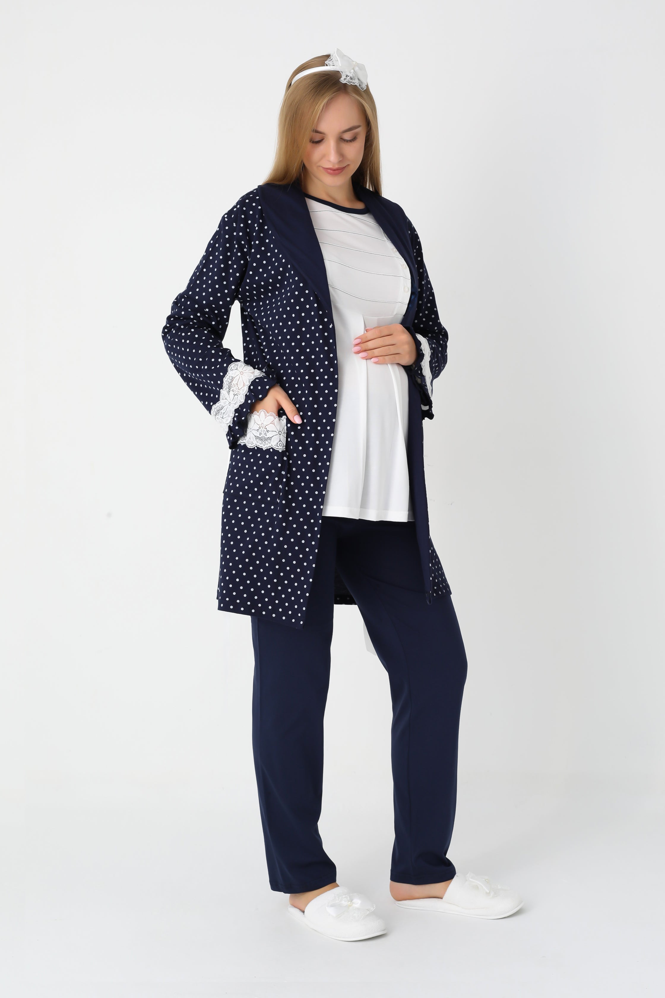 Hamile Lohusa Puanlı Pijama & Sabahlık 3'lü Set – Pamuklu, Çift Taraflı Düğmeli, Ayarlanabilir Bel - 3451