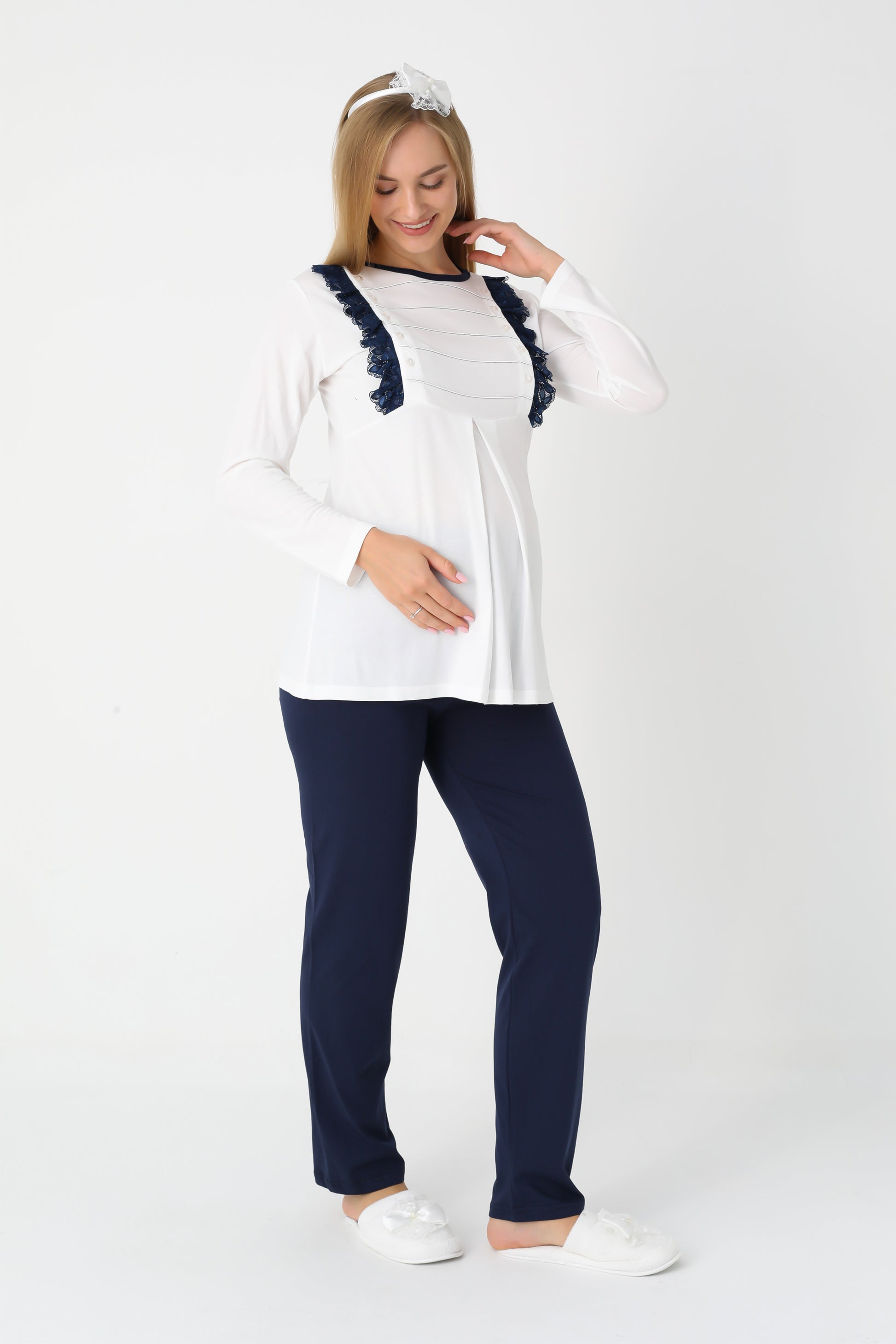 Hamile Lohusa Puanlı Pijama & Sabahlık 3'lü Set – Pamuklu, Çift Taraflı Düğmeli, Ayarlanabilir Bel - 3451