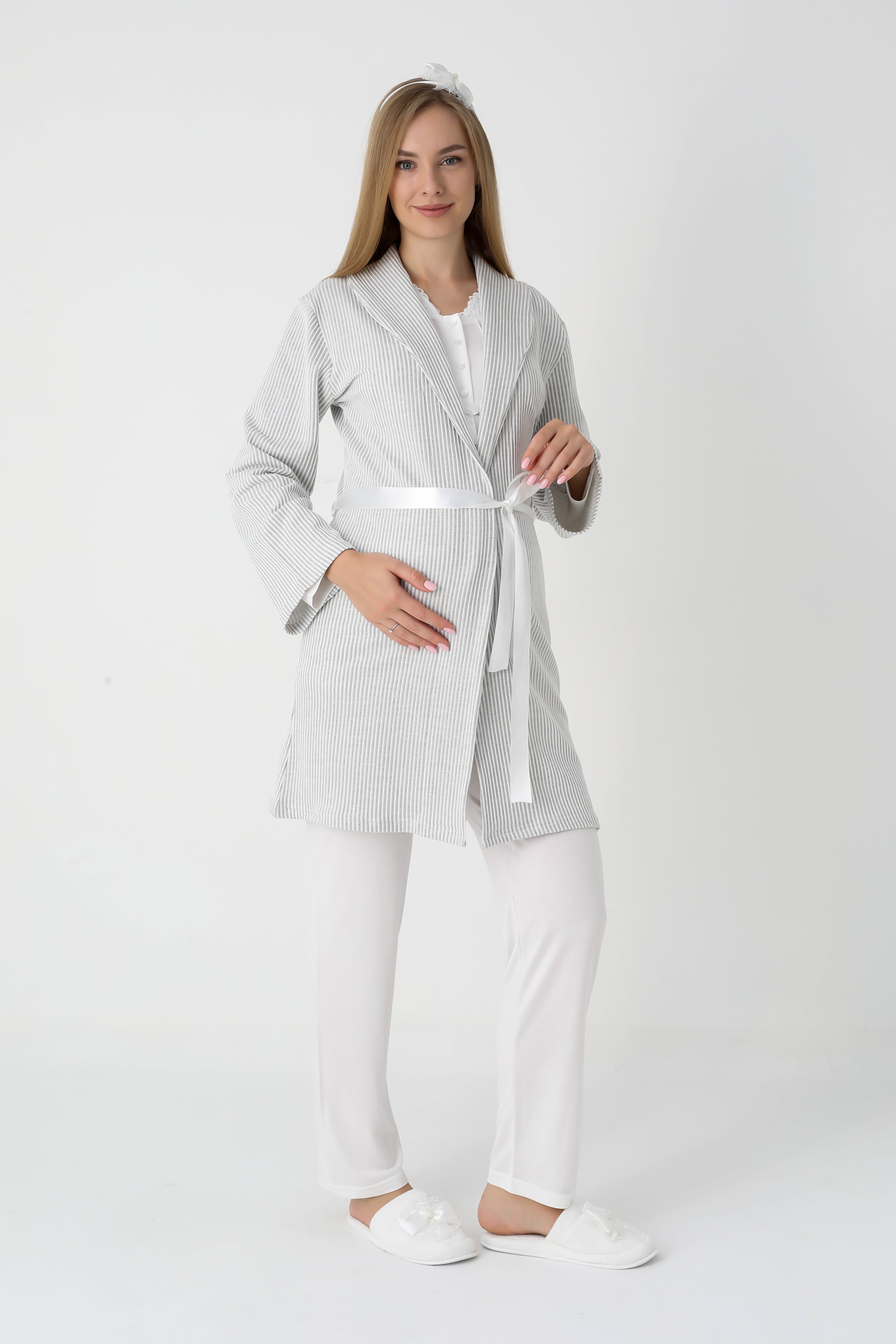 Lohusa ve Hamile Pijama ve Jakarlı Çizgili Sabahlık Takımı Önü Düğmeli Uzun Kollu Pijama 3'lü Takım - 3442