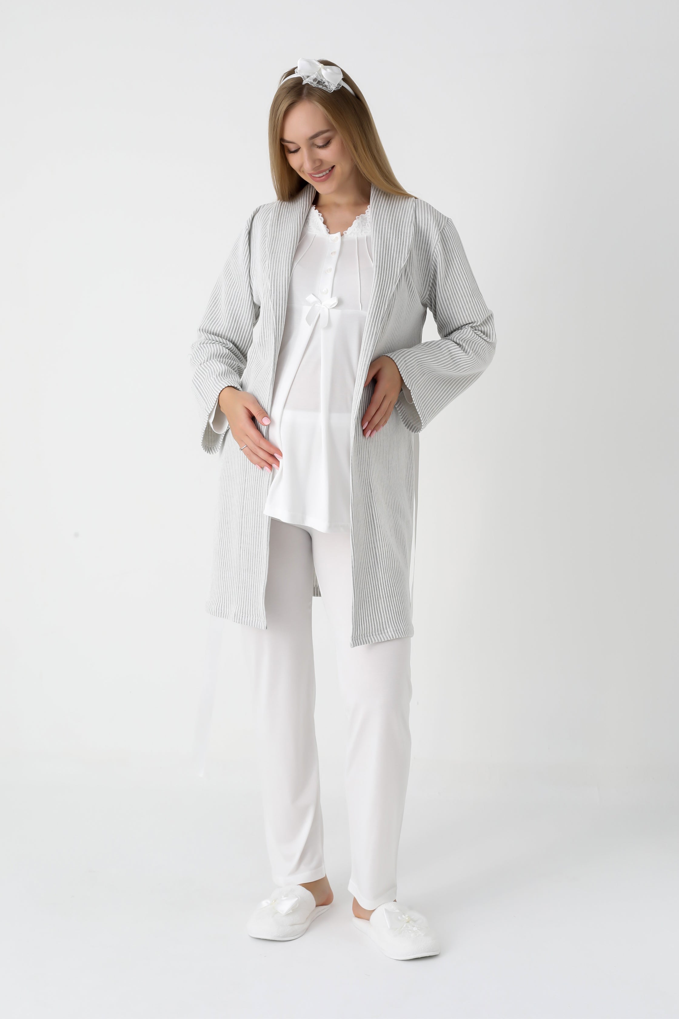 Lohusa ve Hamile Pijama ve Jakarlı Çizgili Sabahlık Takımı Önü Düğmeli Uzun Kollu Pijama 3'lü Takım - 3442