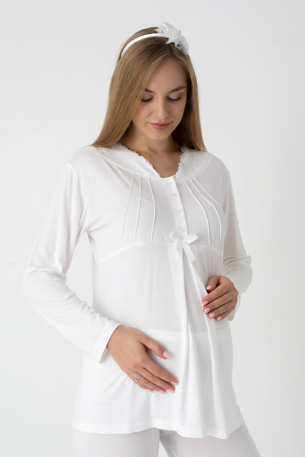 Lohusa ve Hamile Pijama ve Jakarlı Çizgili Sabahlık Takımı Önü Düğmeli Uzun Kollu Pijama 3'lü Takım - 3442