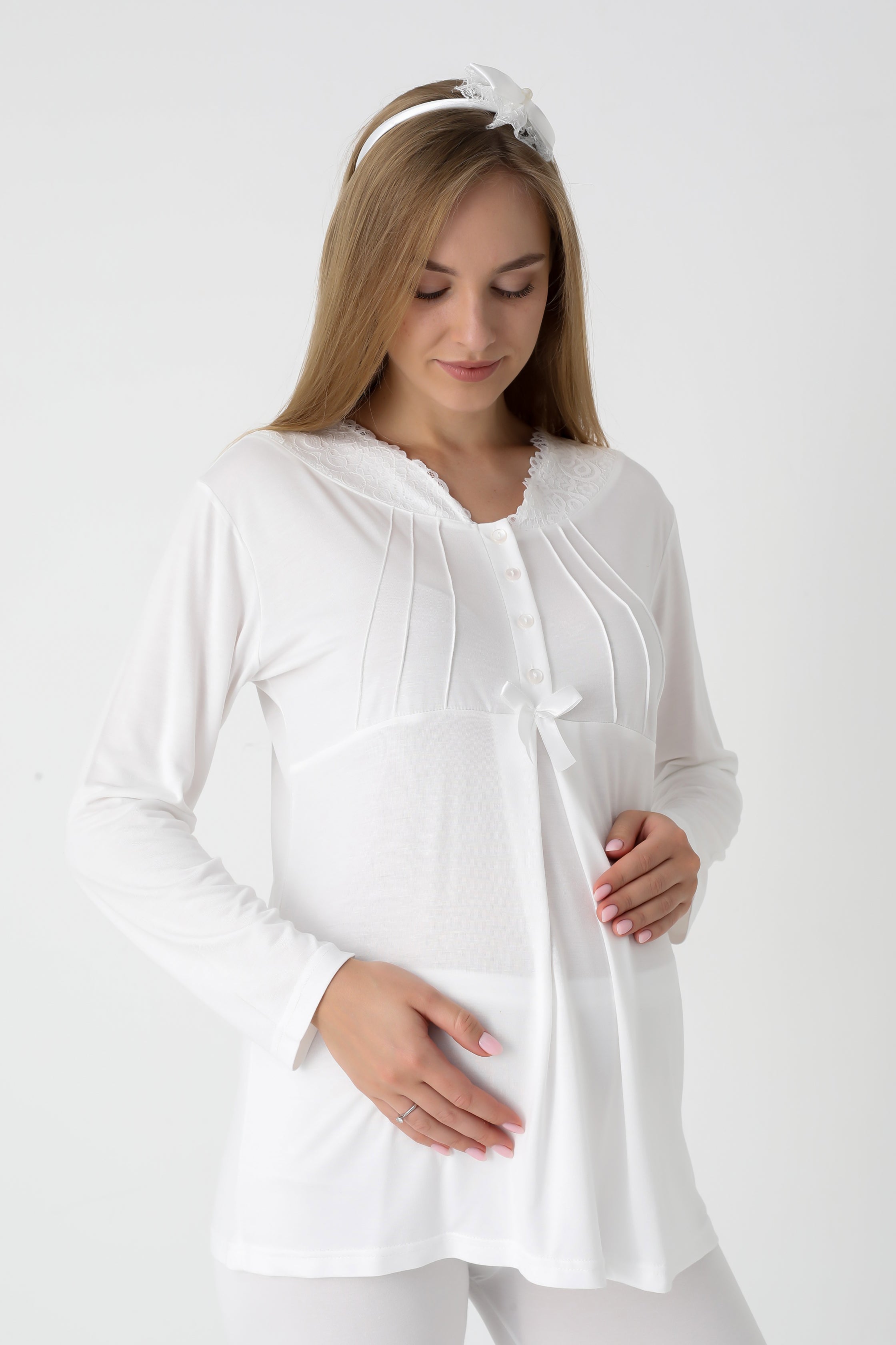 Lohusa ve Hamile Pijama ve Jakarlı Çizgili Sabahlık Takımı Önü Düğmeli Uzun Kollu Pijama 3'lü Takım - 3442