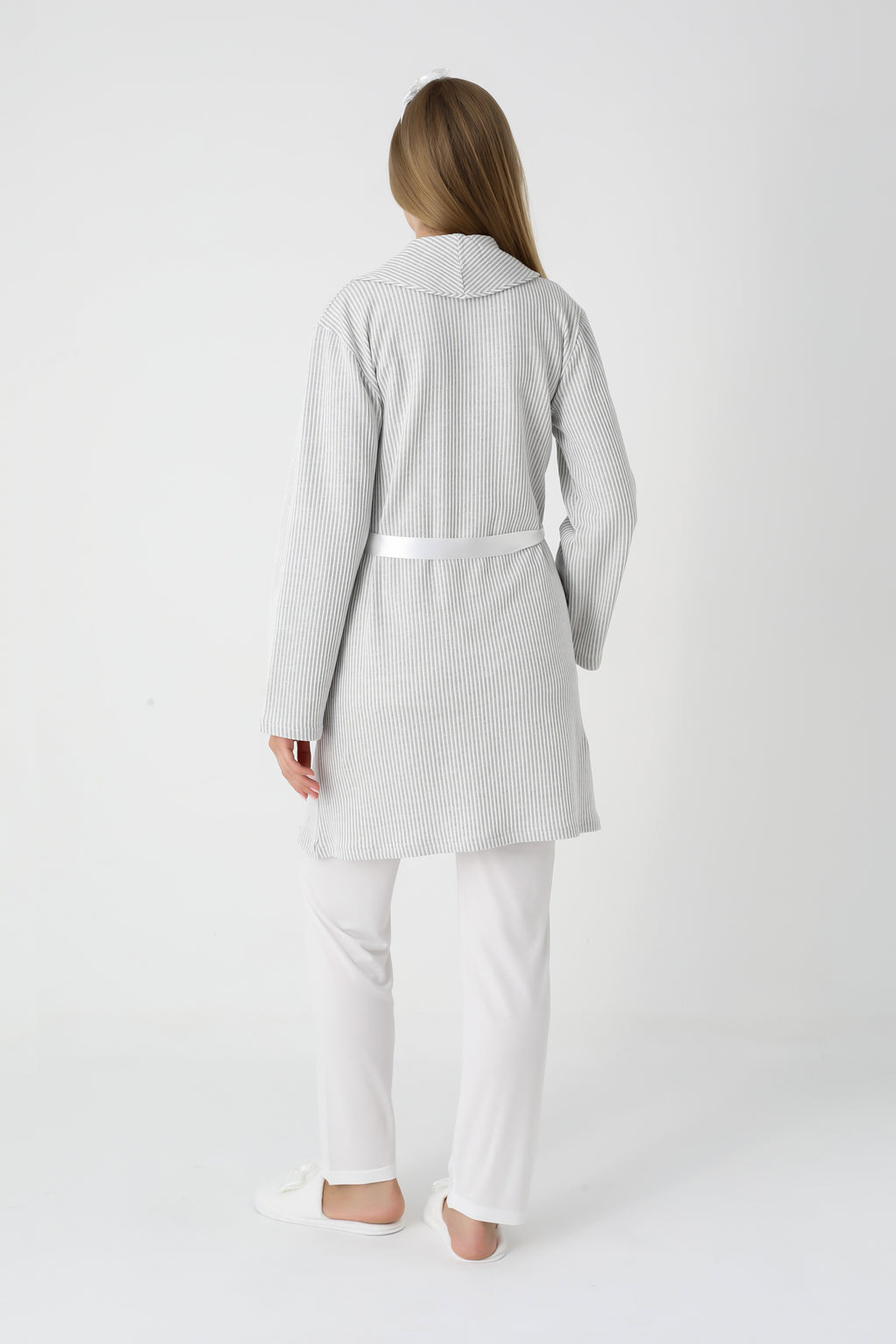 Lohusa ve Hamile Pijama ve Jakarlı Çizgili Sabahlık Takımı Önü Düğmeli Uzun Kollu Pijama 3'lü Takım - 3442