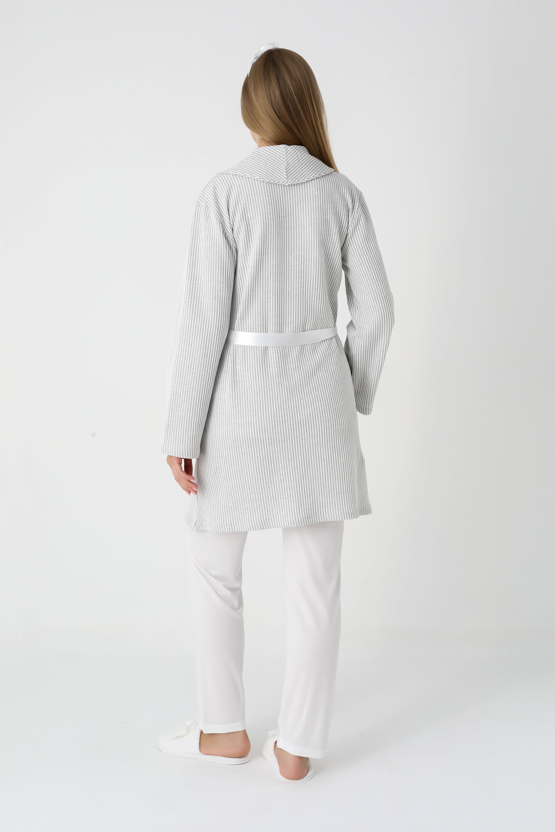 Lohusa ve Hamile Pijama ve Jakarlı Çizgili Sabahlık Takımı Önü Düğmeli Uzun Kollu Pijama 3'lü Takım - 3442