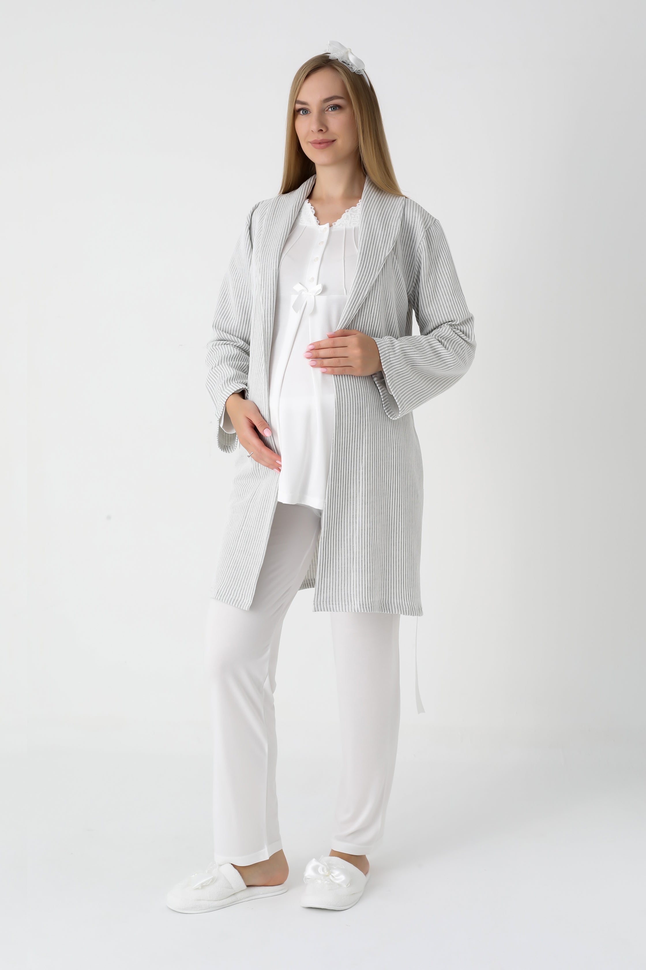 Lohusa ve Hamile Pijama ve Jakarlı Çizgili Sabahlık Takımı Önü Düğmeli Uzun Kollu Pijama 3'lü Takım - 3442