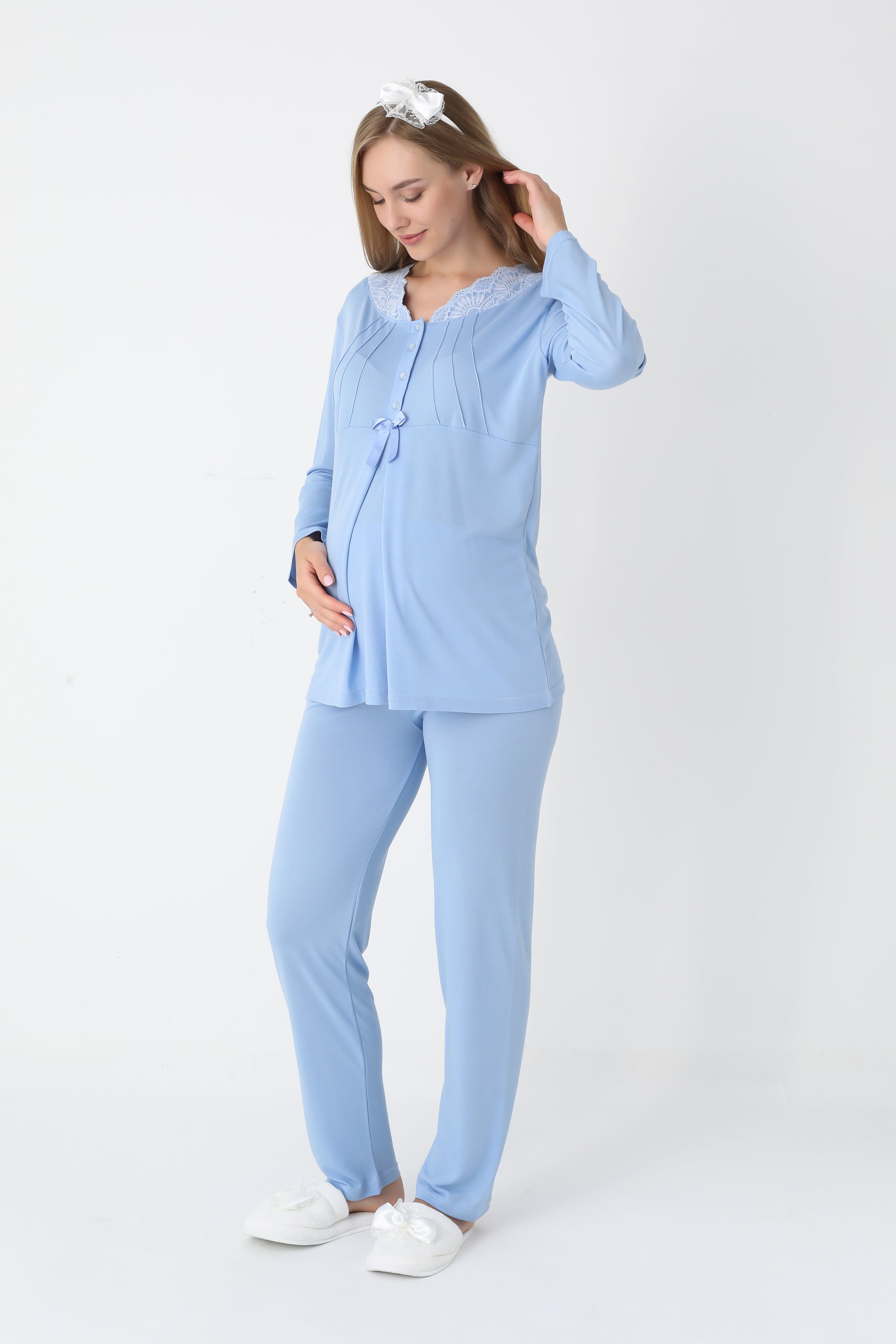 Lohusa ve Hamile Pijama ve Jakarlı Çizgili Sabahlık Takımı Önü Düğmeli Uzun Kollu Pijama 3'lü Takım - 3442