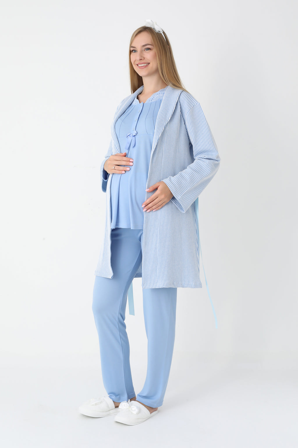 Lohusa ve Hamile Pijama ve Jakarlı Çizgili Sabahlık Takımı Önü Düğmeli Uzun Kollu Pijama 3'lü Takım - 3442