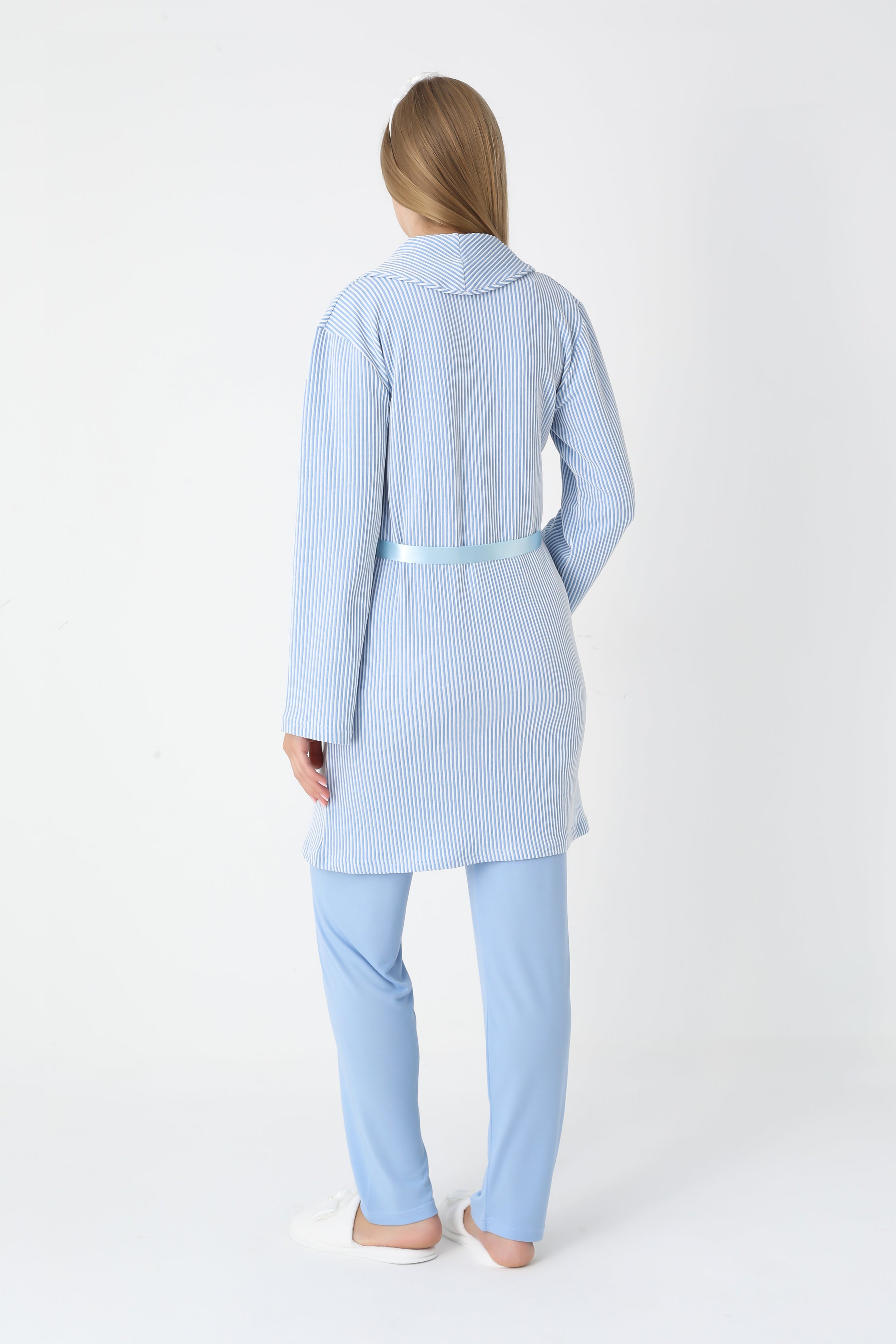 Lohusa ve Hamile Pijama ve Jakarlı Çizgili Sabahlık Takımı Önü Düğmeli Uzun Kollu Pijama 3'lü Takım - 3442