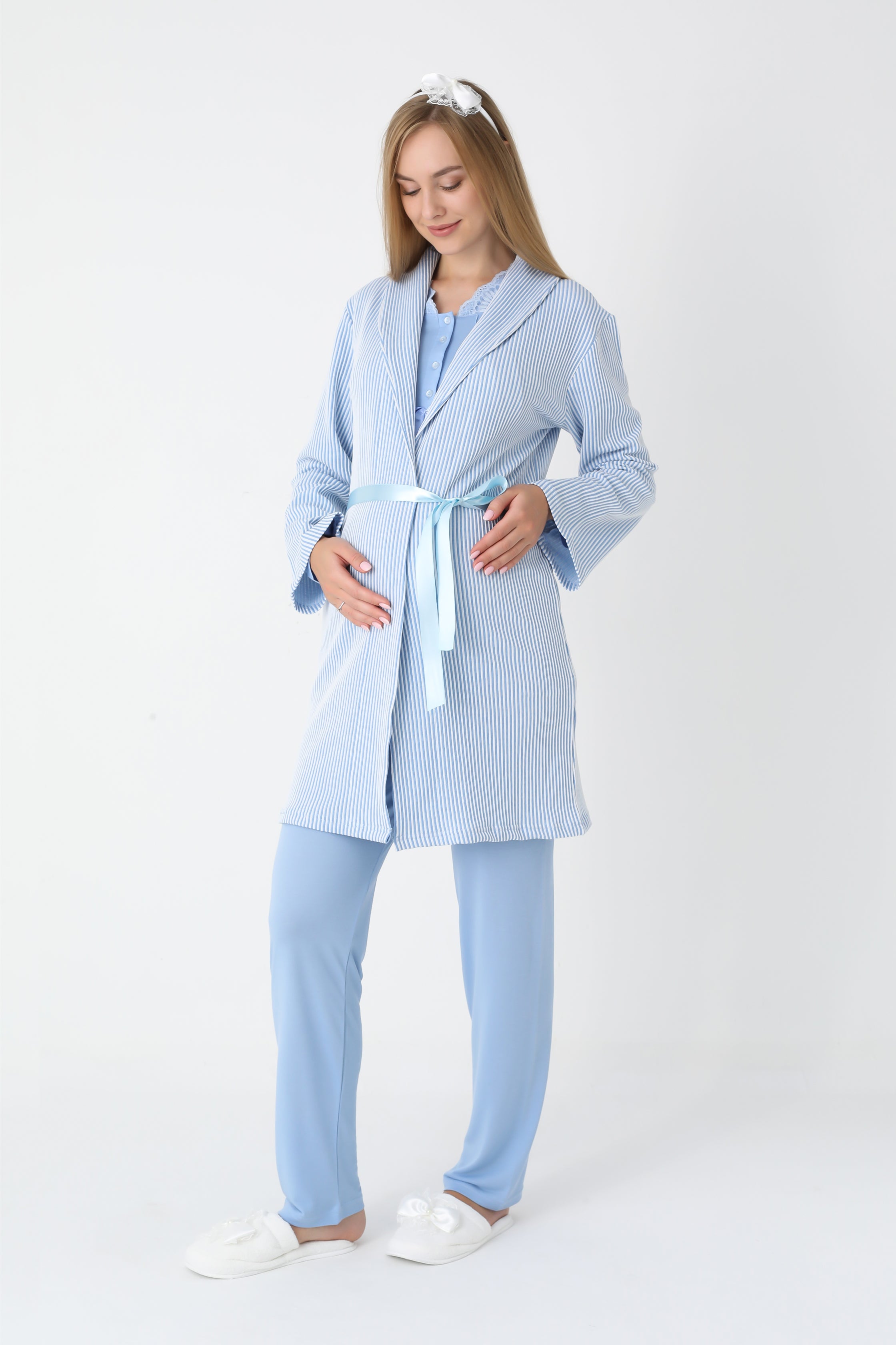 Lohusa ve Hamile Pijama ve Jakarlı Çizgili Sabahlık Takımı Önü Düğmeli Uzun Kollu Pijama 3'lü Takım - 3442