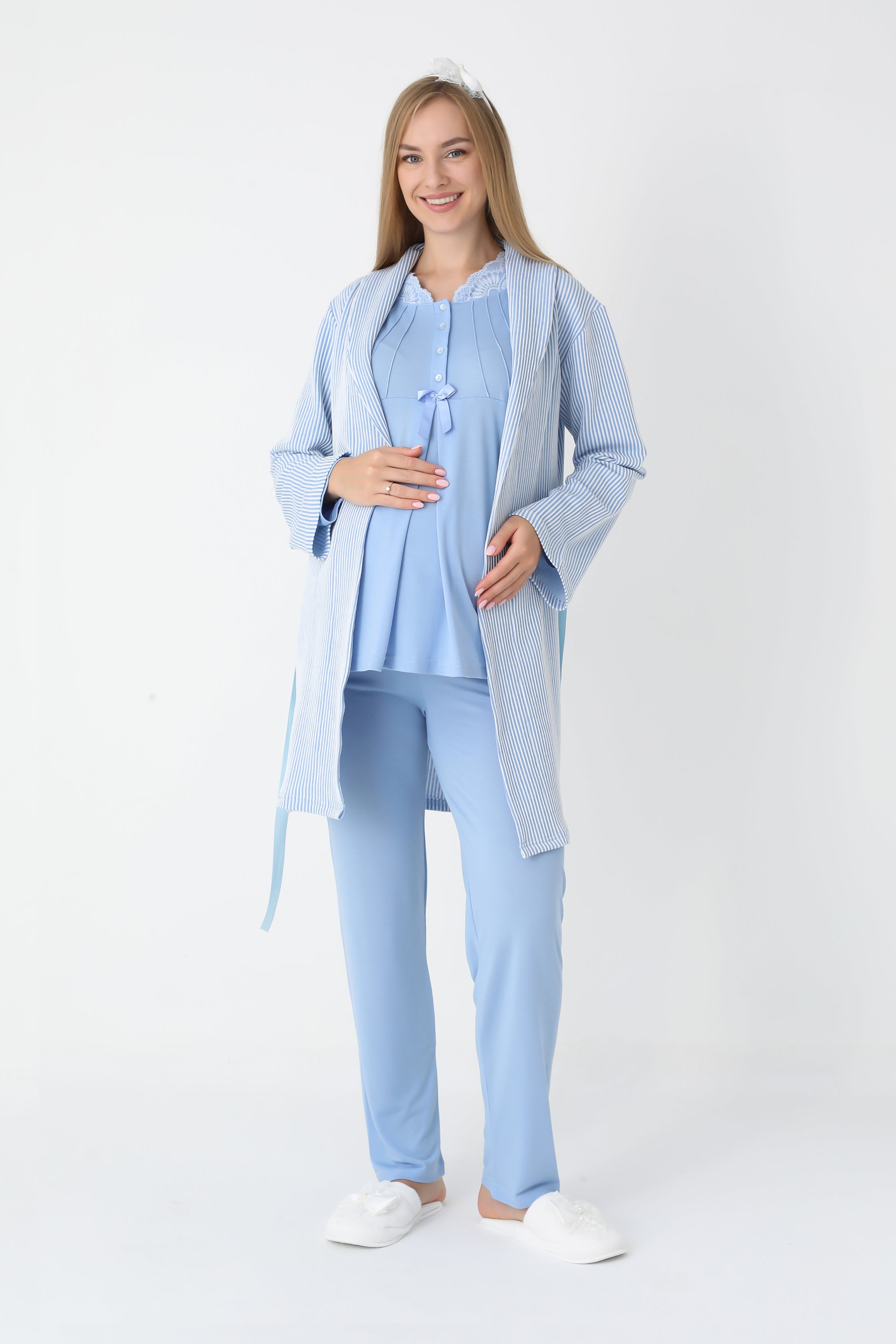 Lohusa ve Hamile Pijama ve Jakarlı Çizgili Sabahlık Takımı Önü Düğmeli Uzun Kollu Pijama 3'lü Takım - 3442