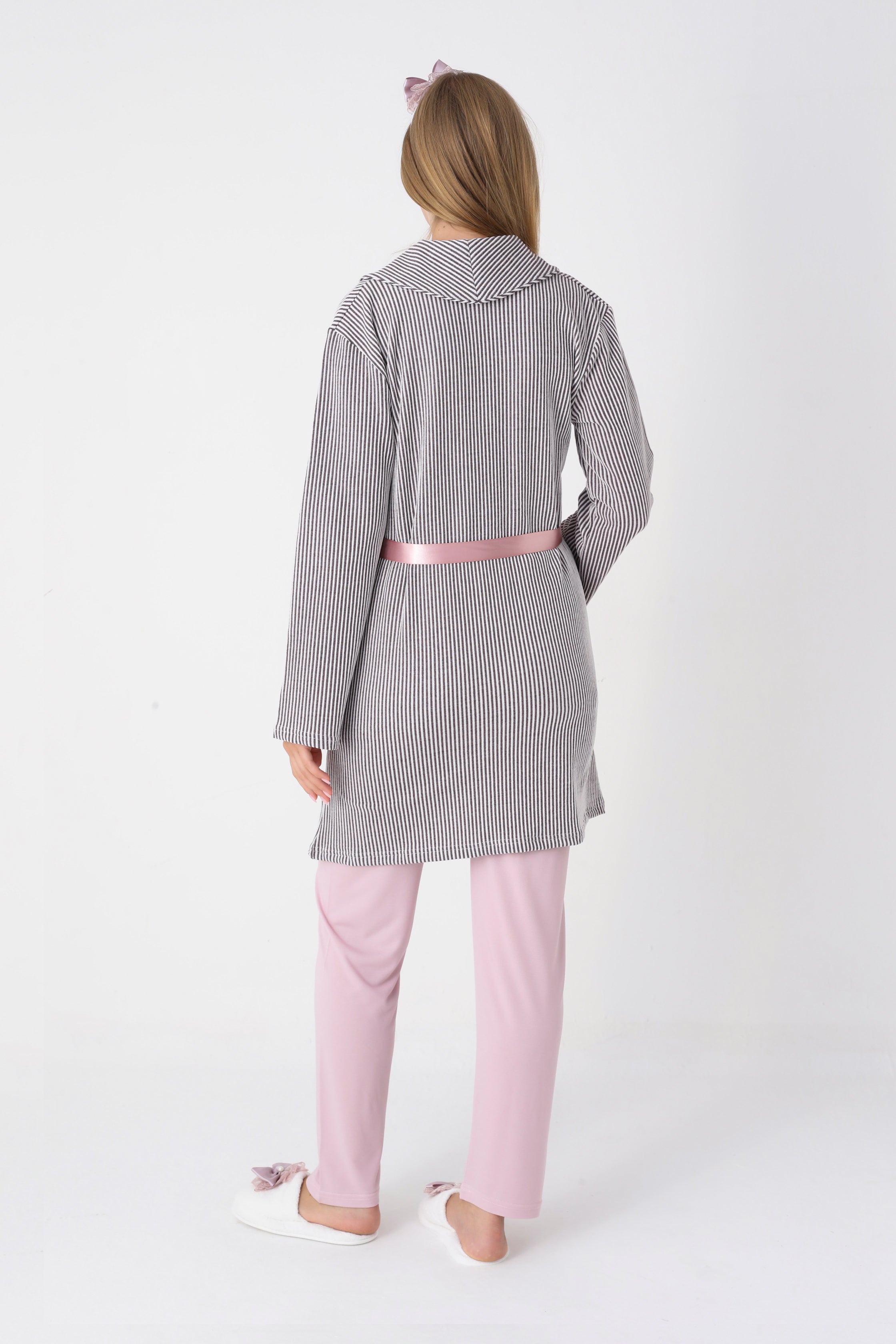 Lohusa ve Hamile Pijama ve Jakarlı Çizgili Sabahlık Takımı Önü Düğmeli Uzun Kollu Pijama 3'lü Takım - 3442