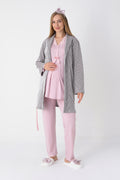Lohusa ve Hamile Pijama ve Jakarlı Çizgili Sabahlık Takımı Önü Düğmeli Uzun Kollu Pijama 3'lü Takım - 3442