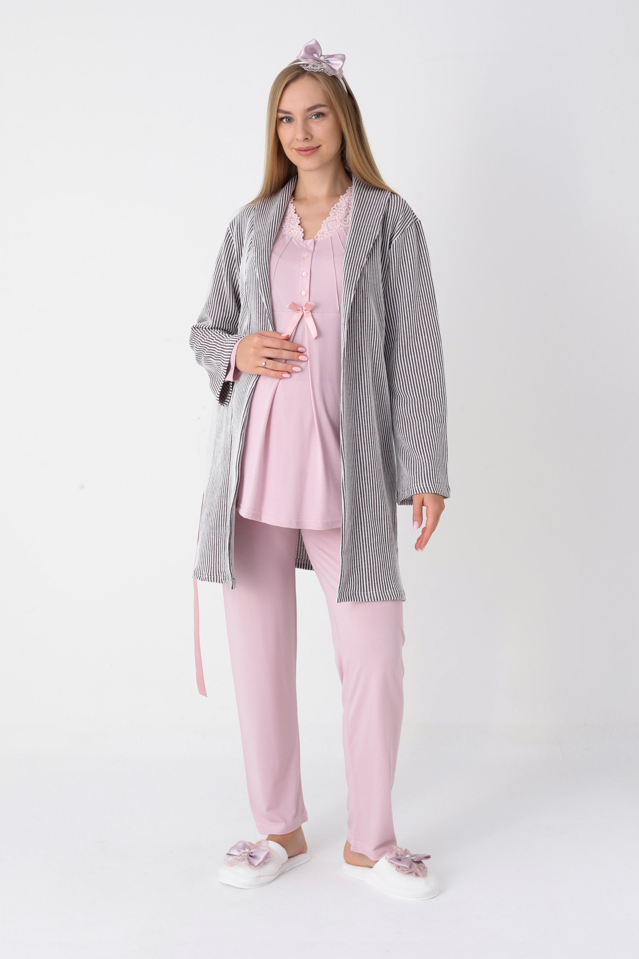 Lohusa ve Hamile Pijama ve Jakarlı Çizgili Sabahlık Takımı Önü Düğmeli Uzun Kollu Pijama 3'lü Takım - 3442