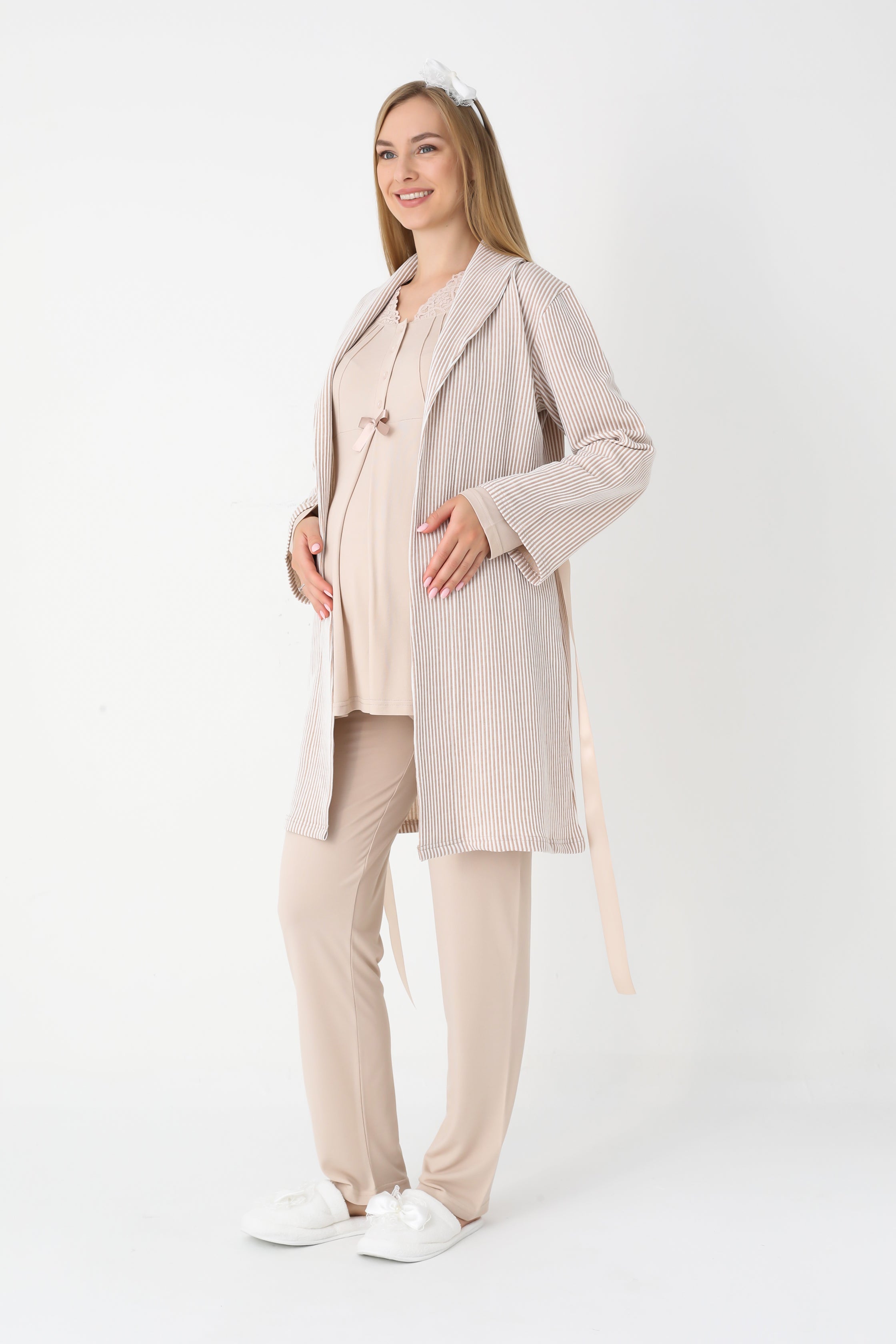 Lohusa ve Hamile Pijama ve Jakarlı Çizgili Sabahlık Takımı Önü Düğmeli Uzun Kollu Pijama 3'lü Takım - 3442