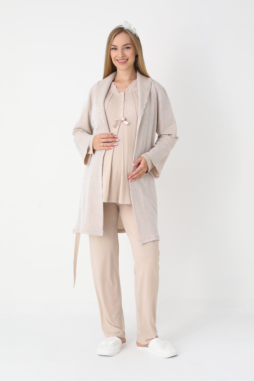 Lohusa ve Hamile Pijama ve Jakarlı Çizgili Sabahlık Takımı Önü Düğmeli Uzun Kollu Pijama 3'lü Takım - 3442