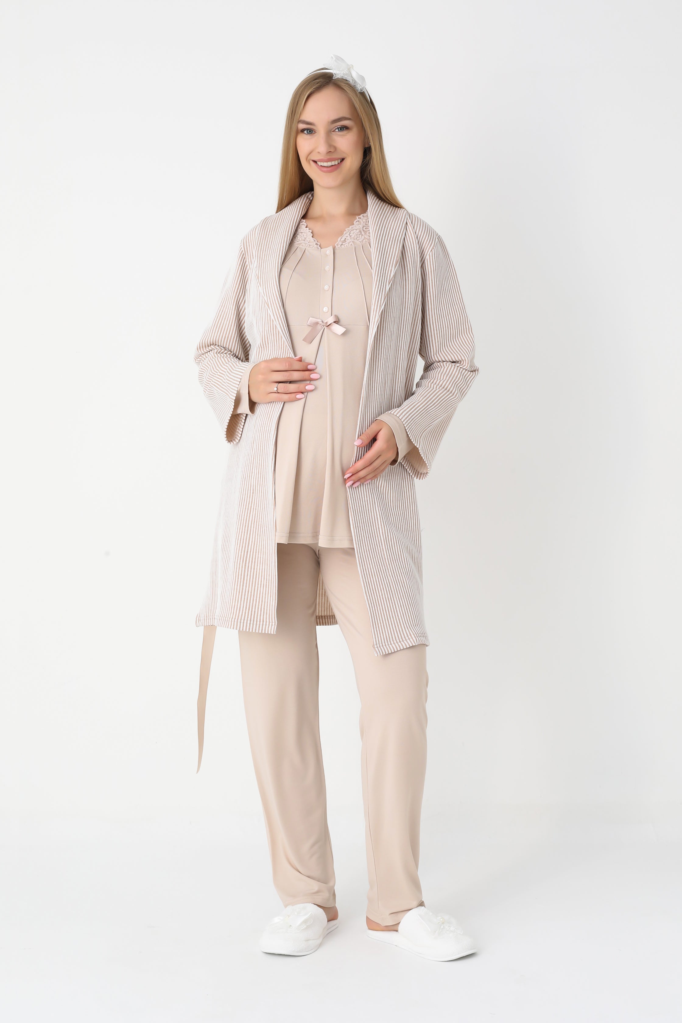 Lohusa ve Hamile Pijama ve Jakarlı Çizgili Sabahlık Takımı Önü Düğmeli Uzun Kollu Pijama 3'lü Takım - 3442