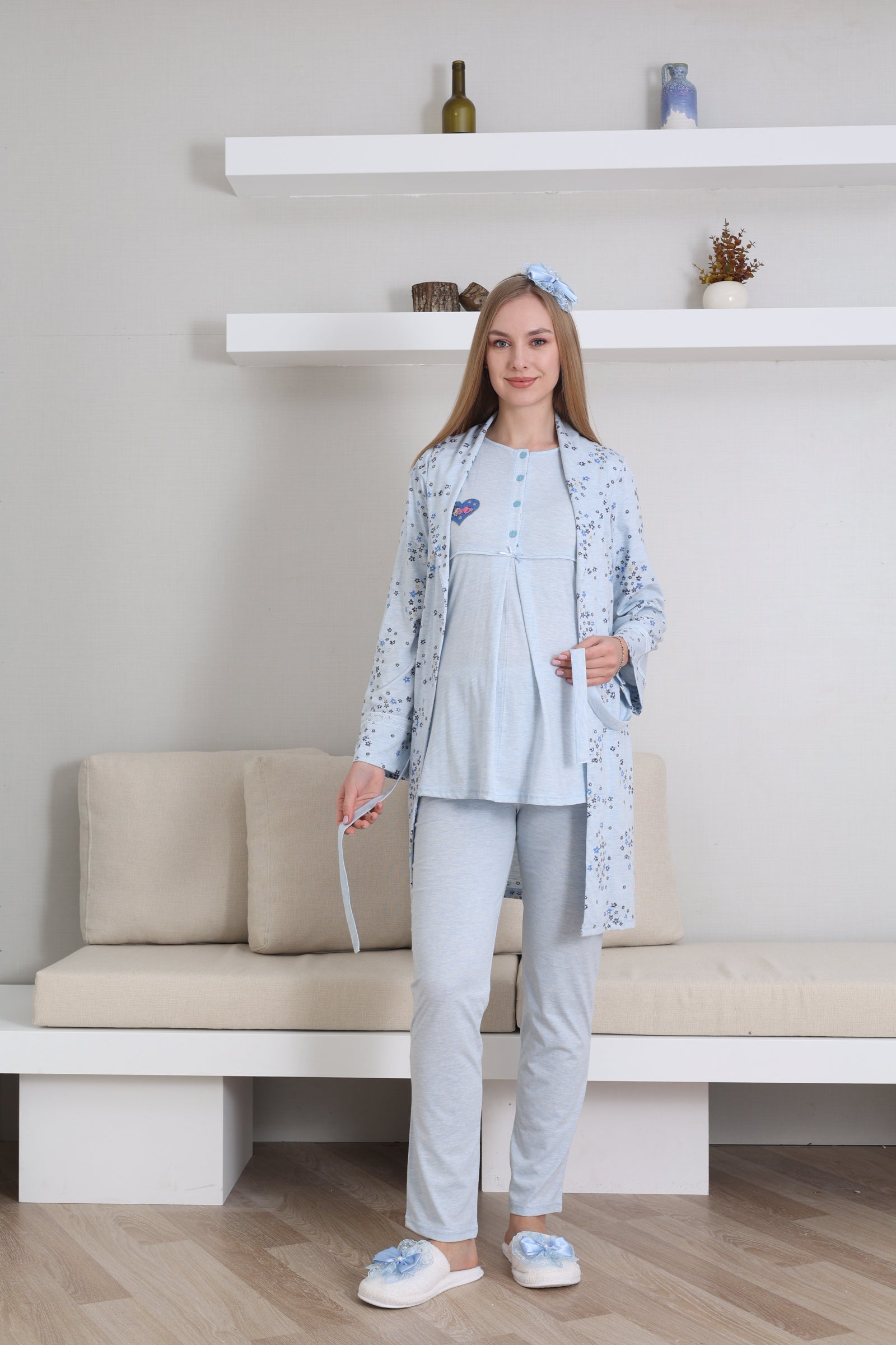 Hamile Pijama Takımı Melanj Kumaş Önü Düğmeli Nakışlı - Desenli Emzirme İçin Uygun 3'lü - 3432