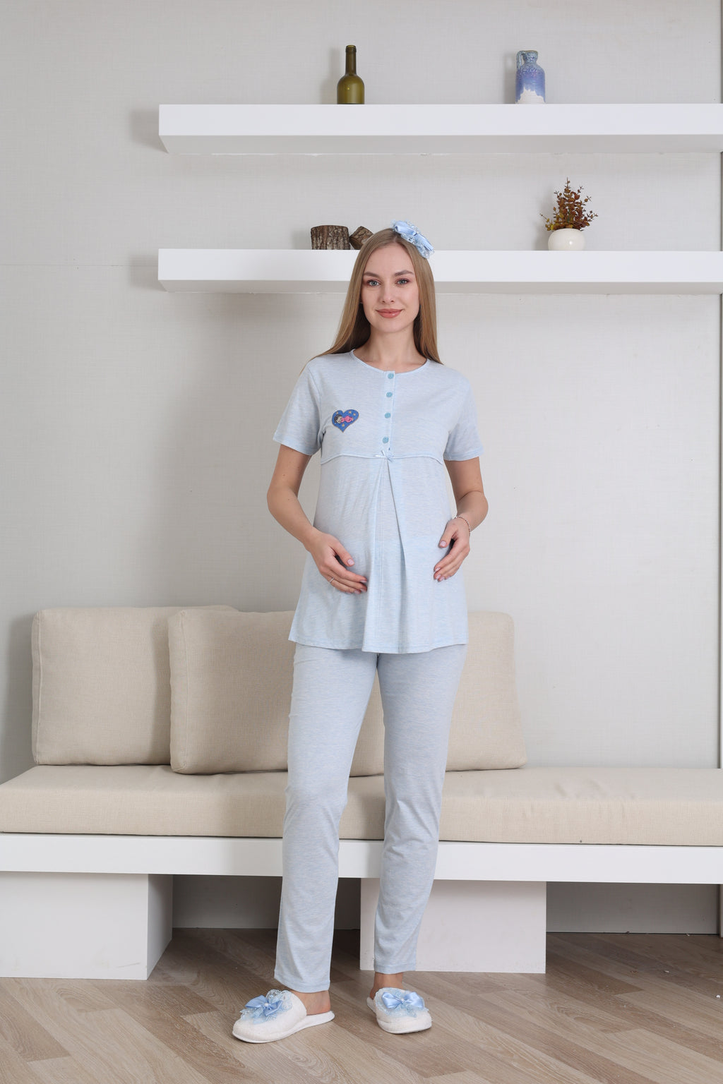 Hamile Pijama Takımı Melanj Kumaş Önü Düğmeli Nakışlı - Desenli Emzirme İçin Uygun 3'lü - 3432