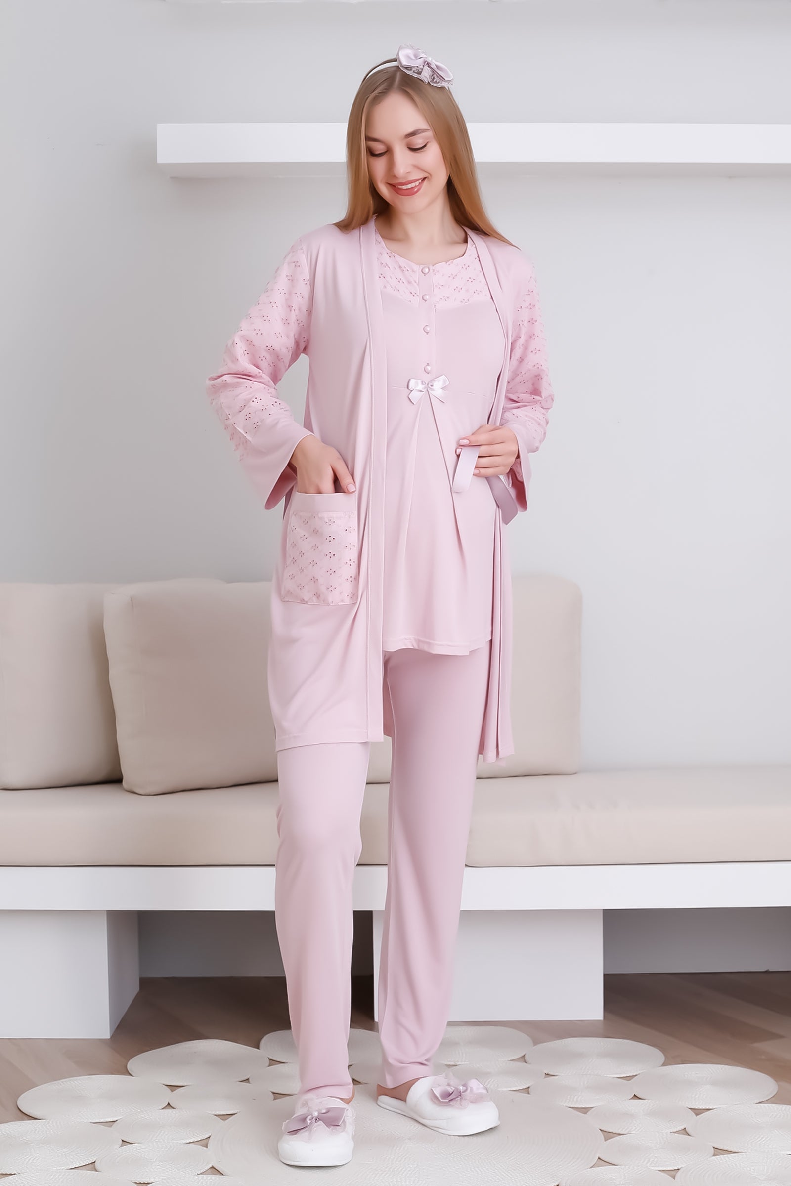 Hamile Sabahlık ve Pijama Takım/ Cepli Sabahlık ve Önü Düğmeli Pijama Takım - 3437