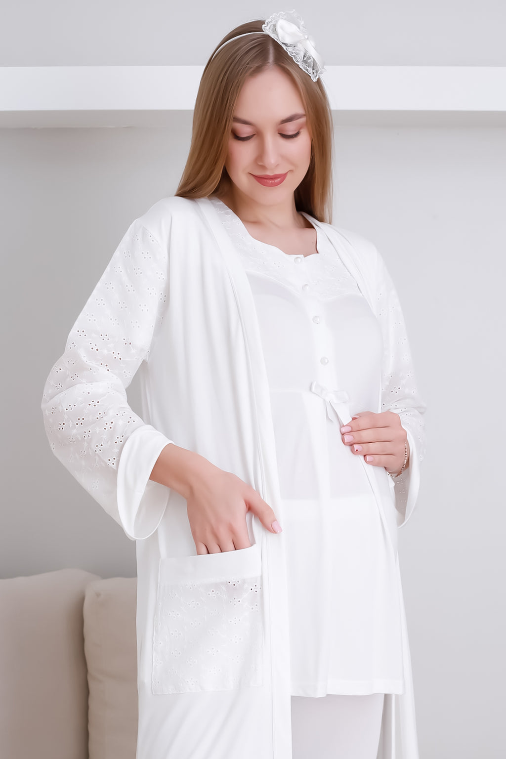 Hamile Sabahlık ve Pijama Takım/ Cepli Sabahlık ve Önü Düğmeli Pijama Takım - 3437