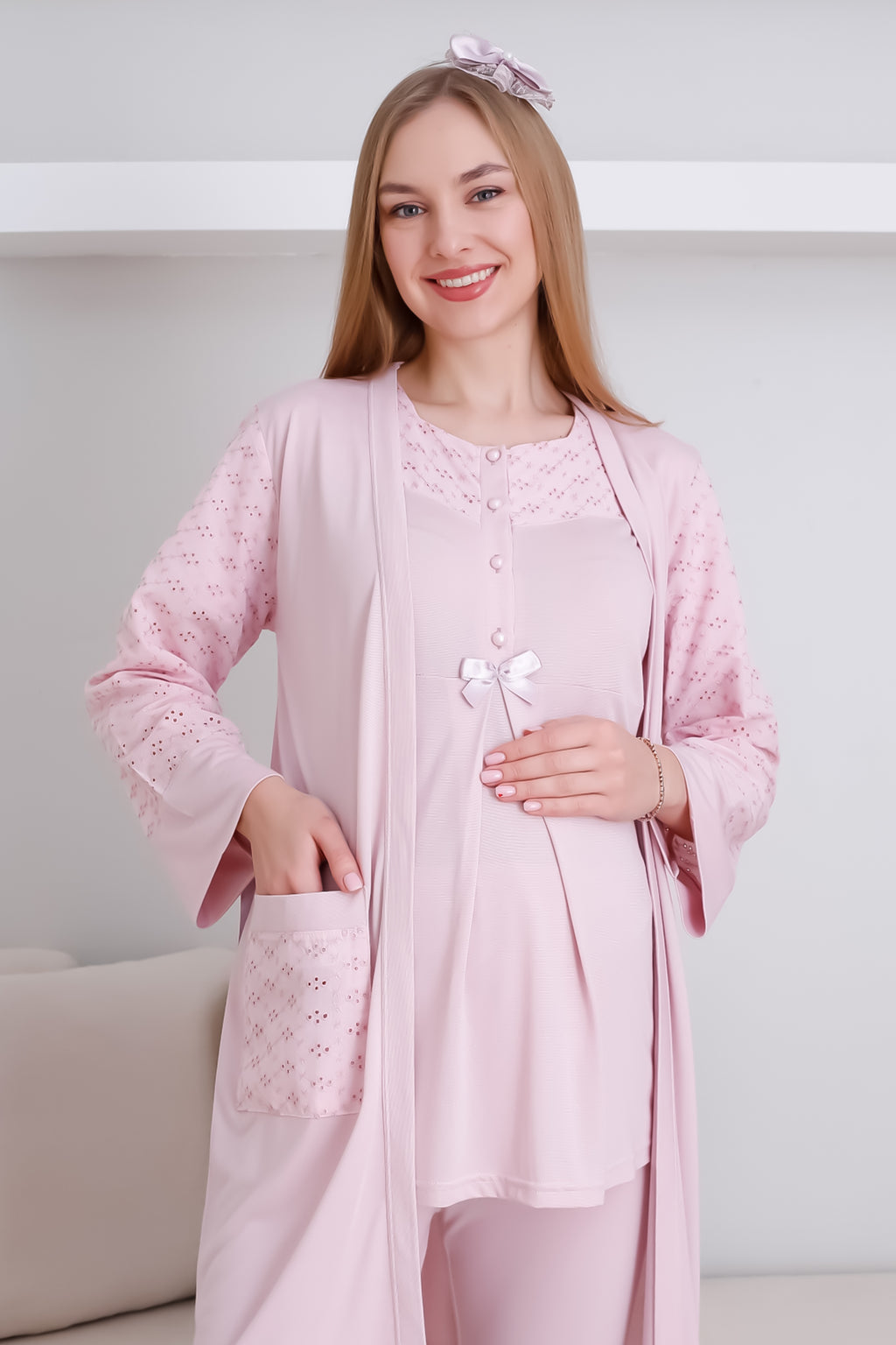 Hamile Sabahlık ve Pijama Takım/ Cepli Sabahlık ve Önü Düğmeli Pijama Takım - 3437