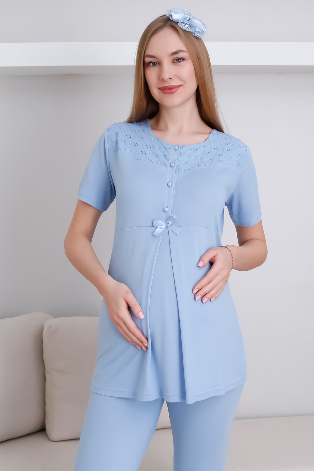 Hamile Sabahlık ve Pijama Takım/ Cepli Sabahlık ve Önü Düğmeli Pijama Takım - 3437