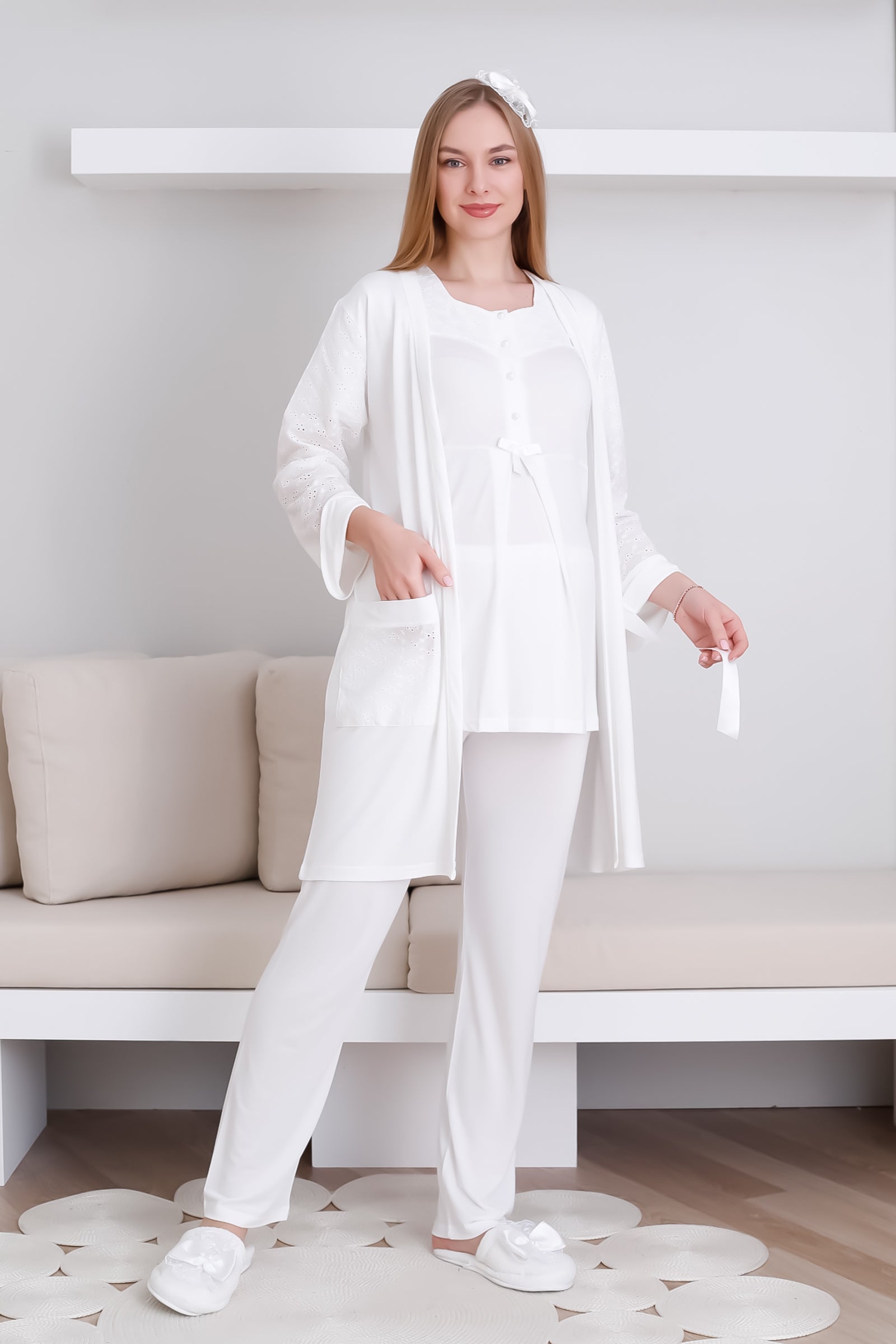 Hamile Sabahlık ve Pijama Takım/ Cepli Sabahlık ve Önü Düğmeli Pijama Takım - 3437