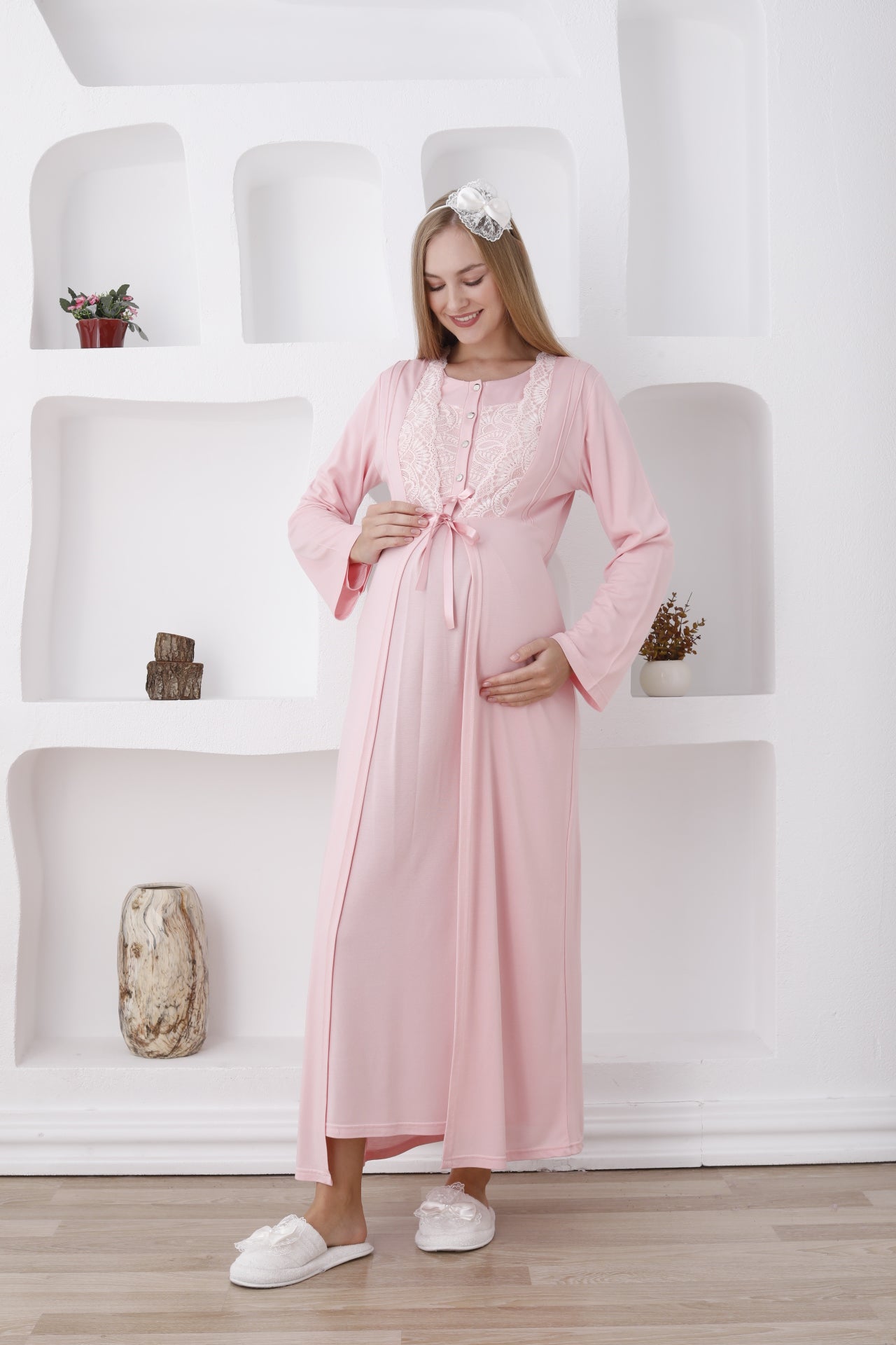 Hamile Sabahlıklı Gecelik Takımı / Düğmeli ve Güpürlü - 2286