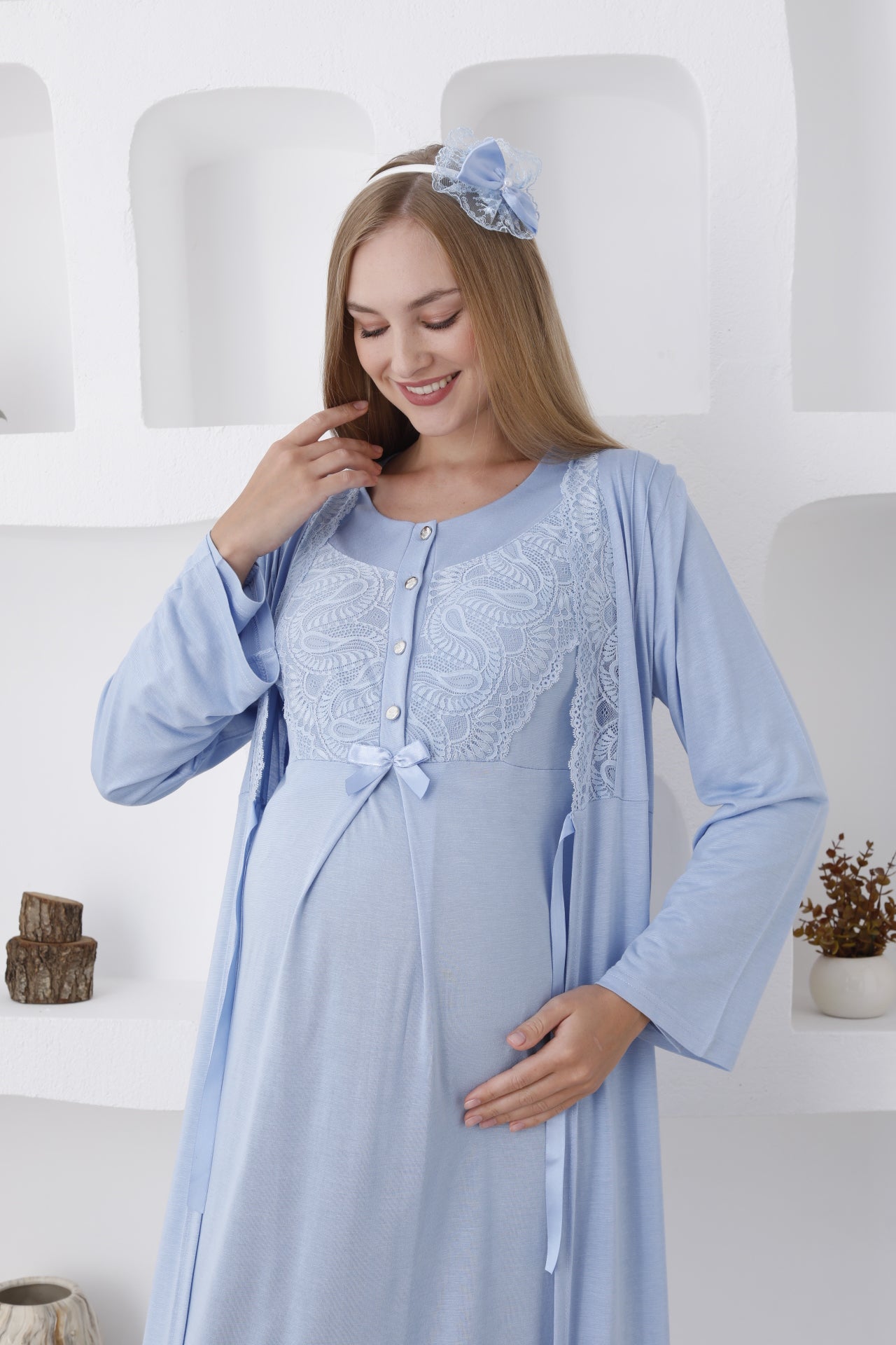 Hamile Sabahlıklı Gecelik Takımı / Düğmeli ve Güpürlü - 2286